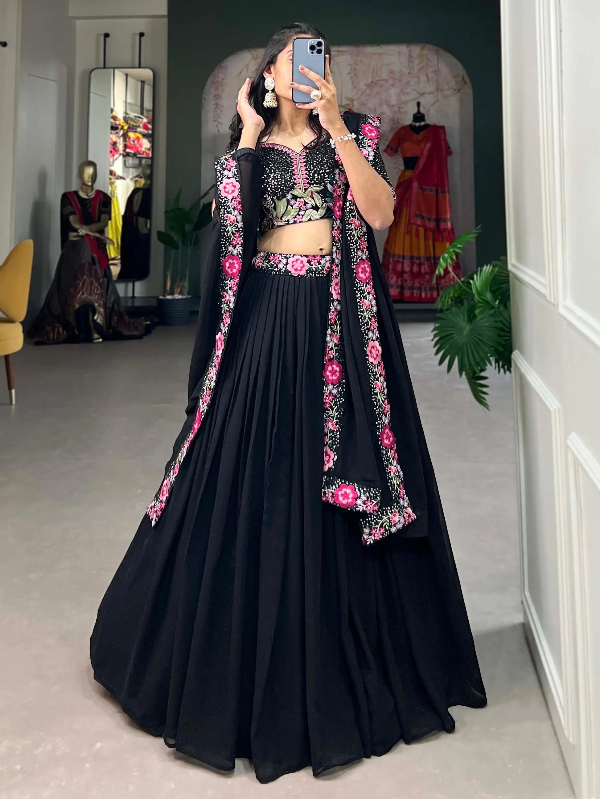 Adorable Black Sequins Georgette Designer Lehenga Choli With Dupatta - Zeel Clothing