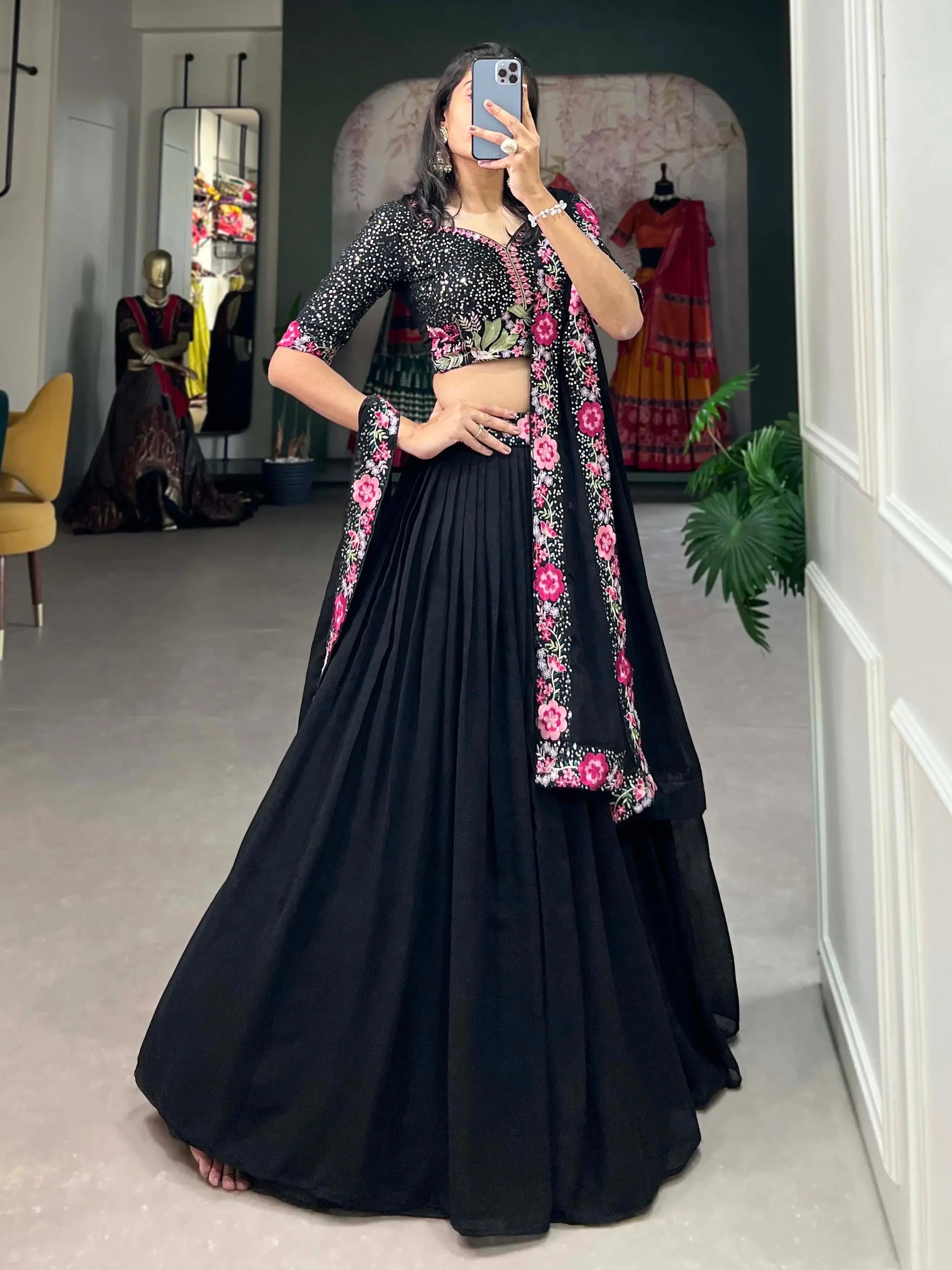 Adorable Black Sequins Georgette Designer Lehenga Choli With Dupatta - Zeel Clothing