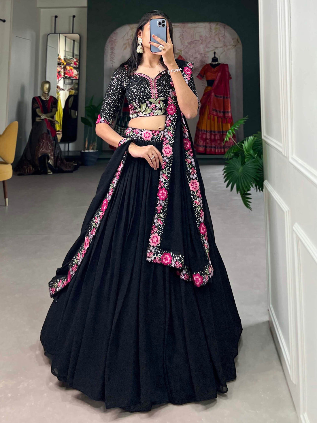 Adorable Black Sequins Georgette Designer Lehenga Choli With Dupatta - Zeel Clothing