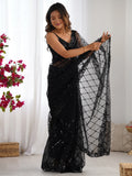 Adorable Black Sequins Net Party Wear Saree With Blouse - Zeel Clothing