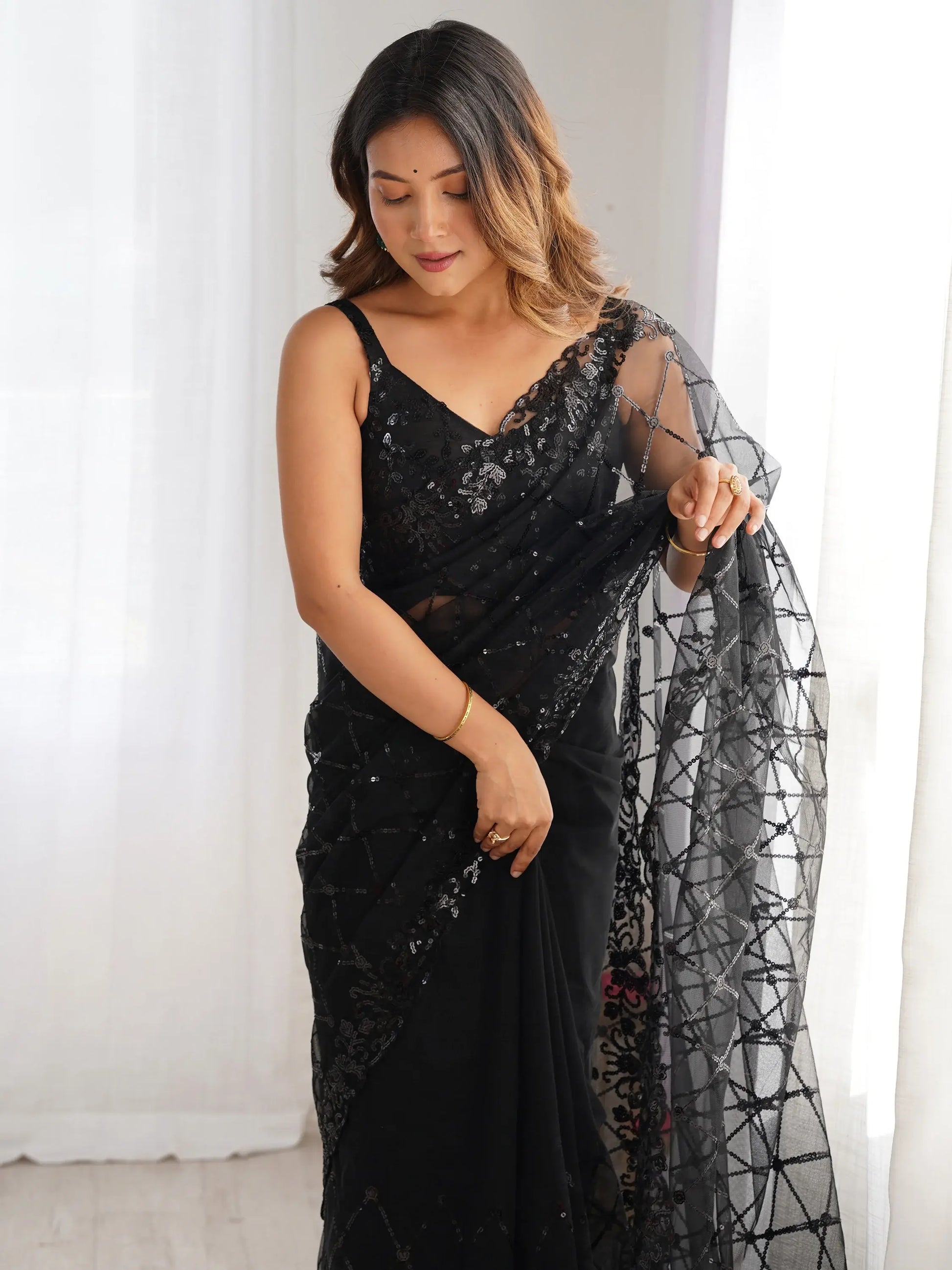 Adorable Black Sequins Net Party Wear Saree With Blouse - Zeel Clothing