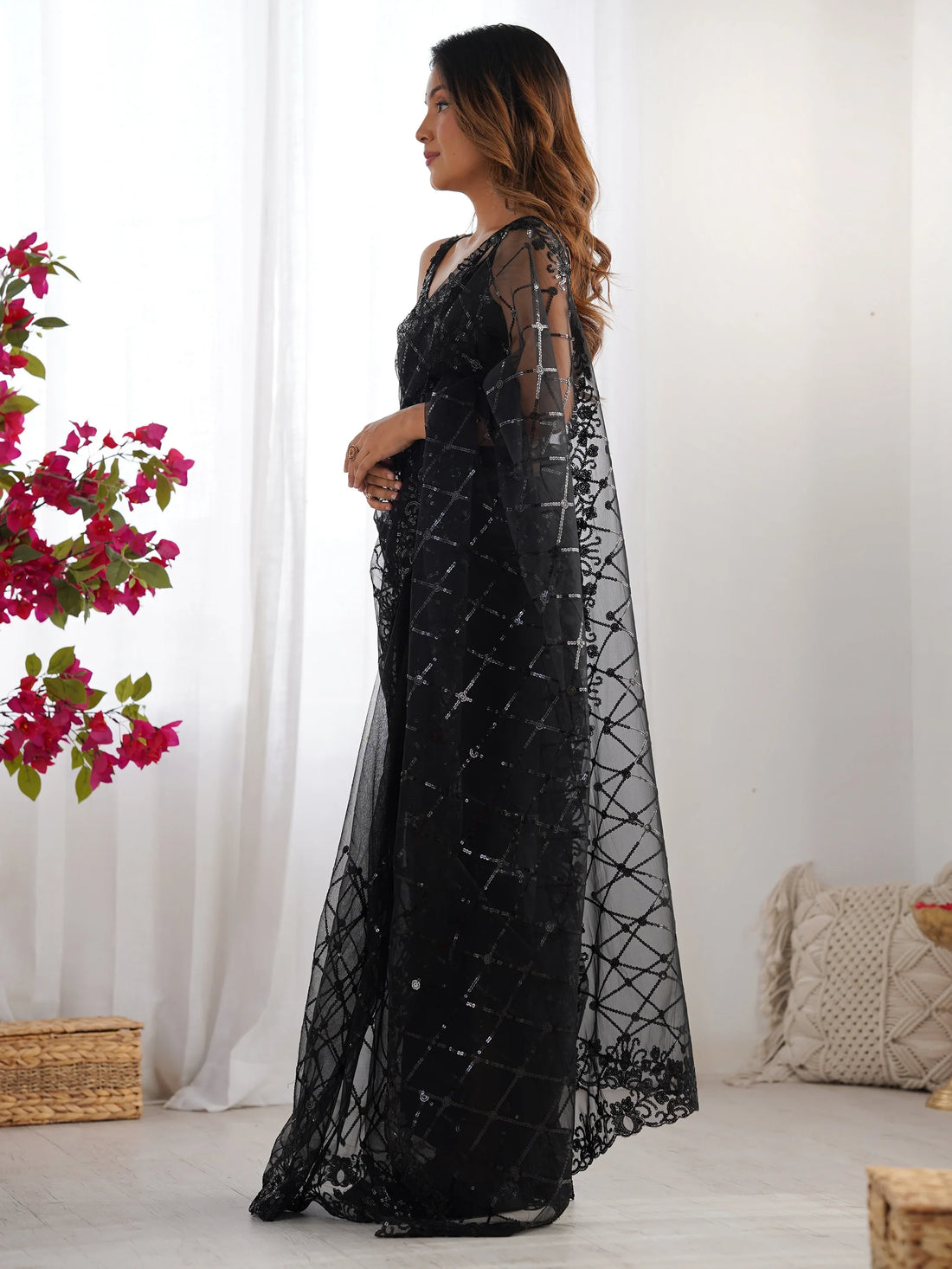 Adorable Black Sequins Net Party Wear Saree With Blouse - Zeel Clothing