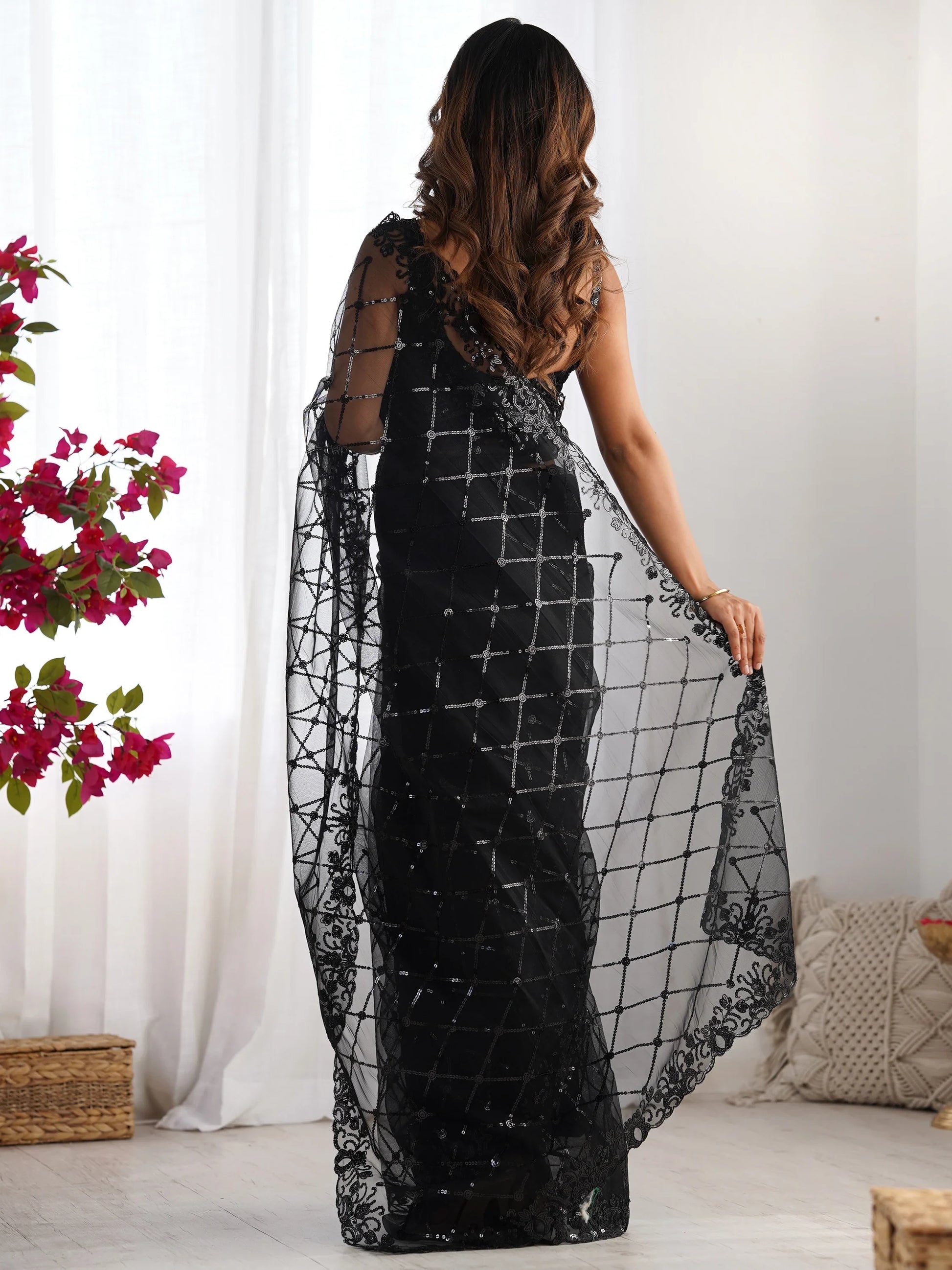 Adorable Black Sequins Net Party Wear Saree With Blouse - Zeel Clothing