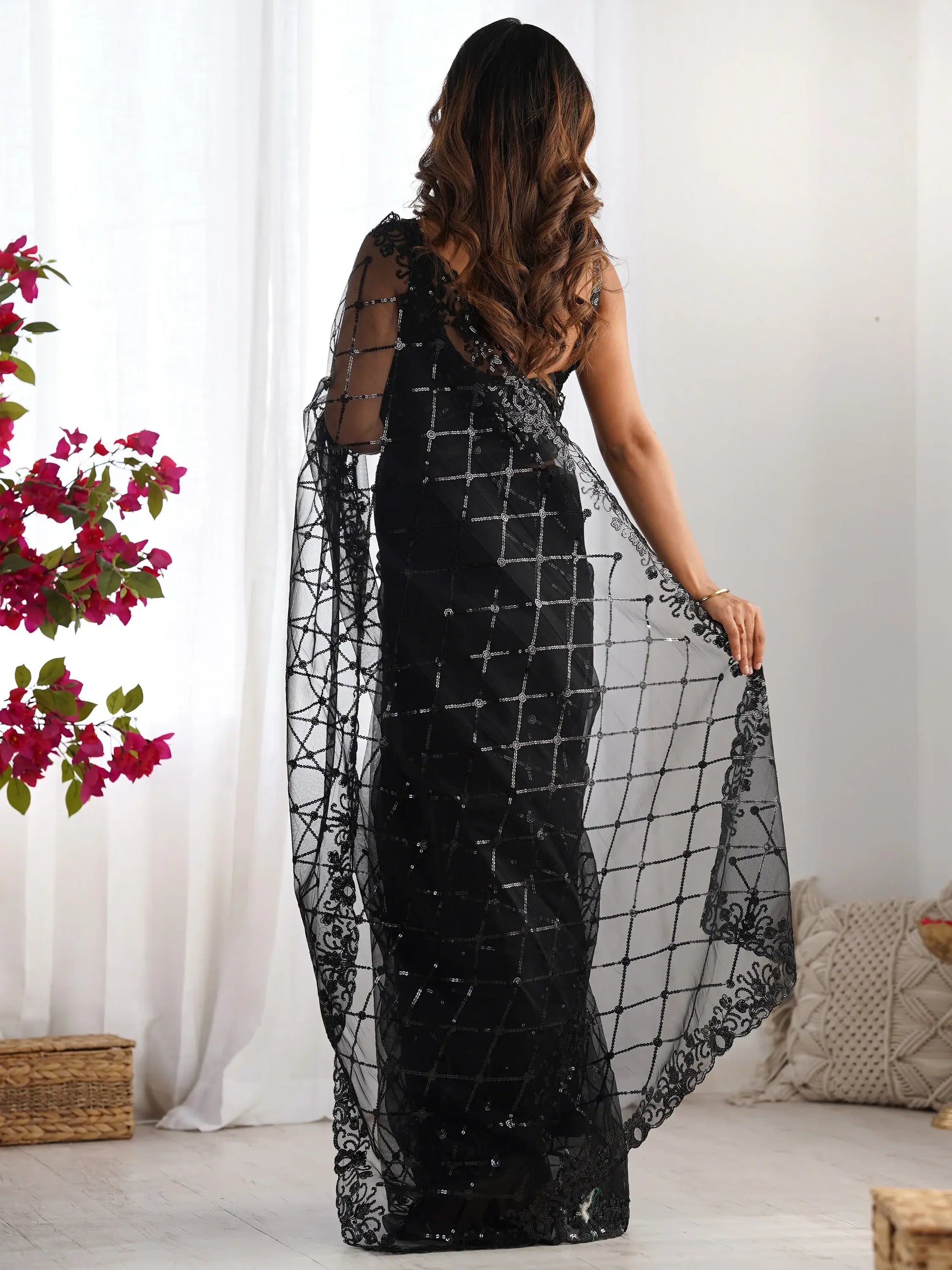 Adorable Black Sequins Net Party Wear Saree With Blouse - Zeel Clothing