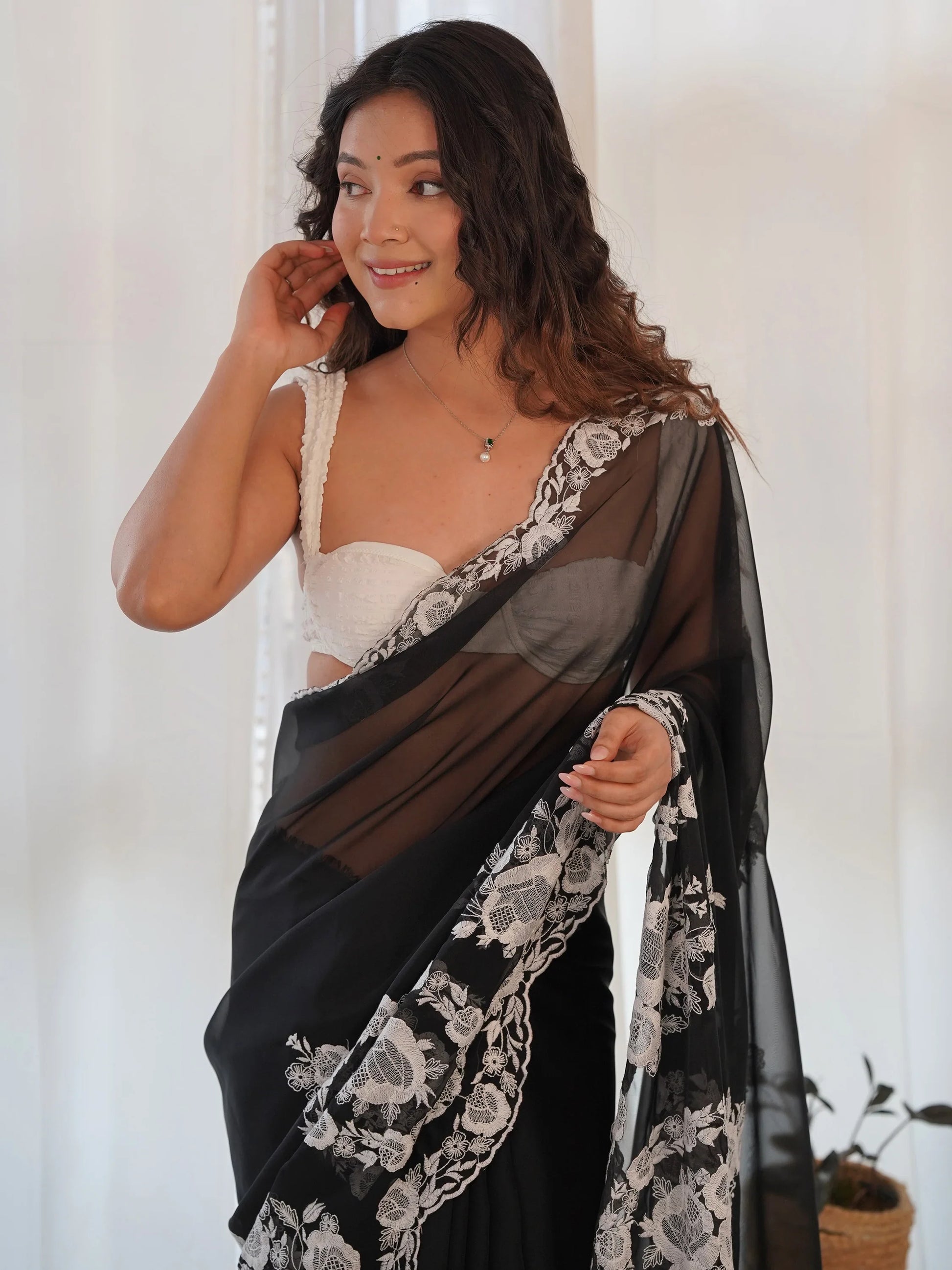 Adorable Black Thread Embroidered Organza Party Wear Saree - Zeel Clothing