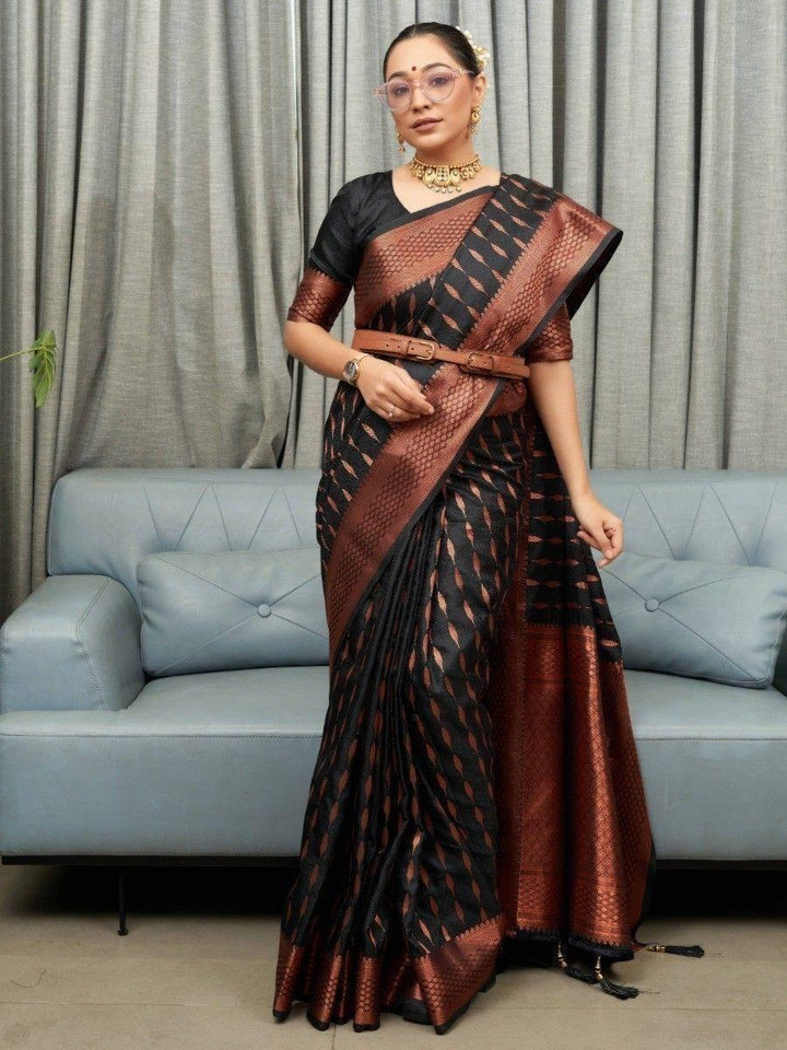 Adorable Black Woven Soft Silk Festival Wear Saree With Blouse