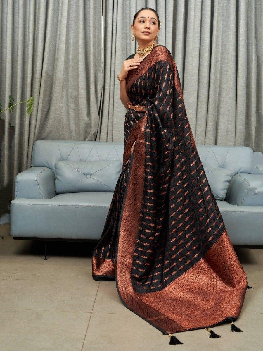 Adorable Black Woven Soft Silk Festival Wear Saree With Blouse
