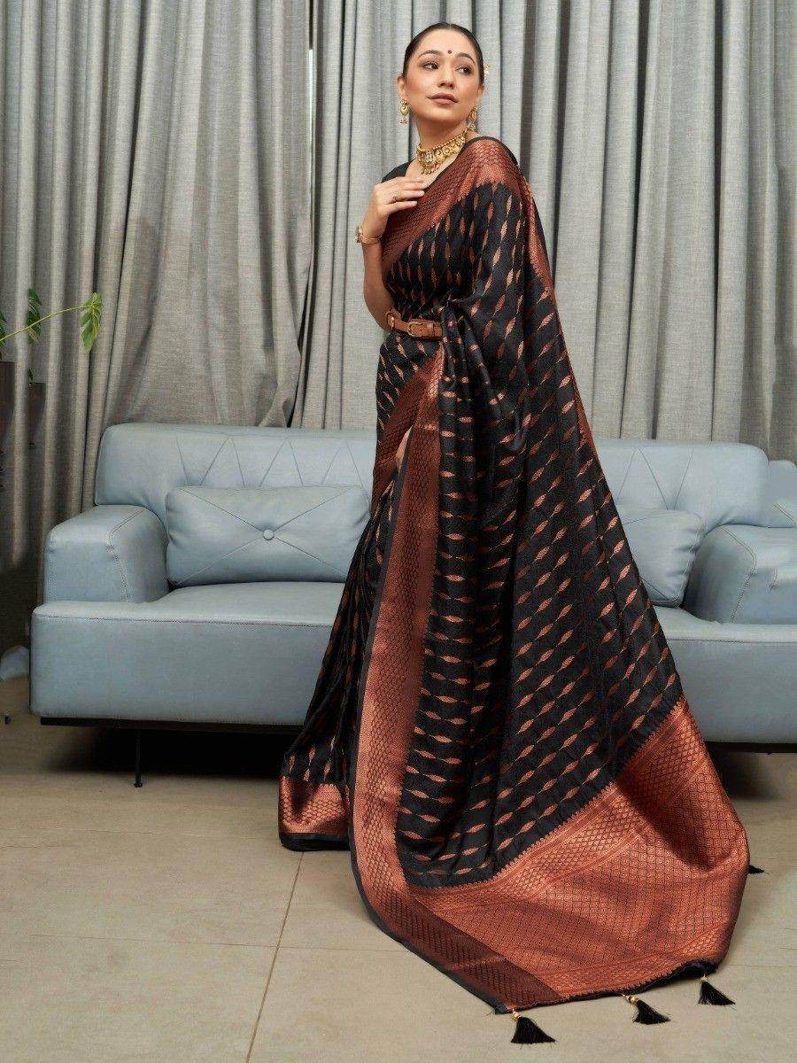 Adorable Black Woven Soft Silk Festival Wear Saree With Blouse - Zeel Clothing