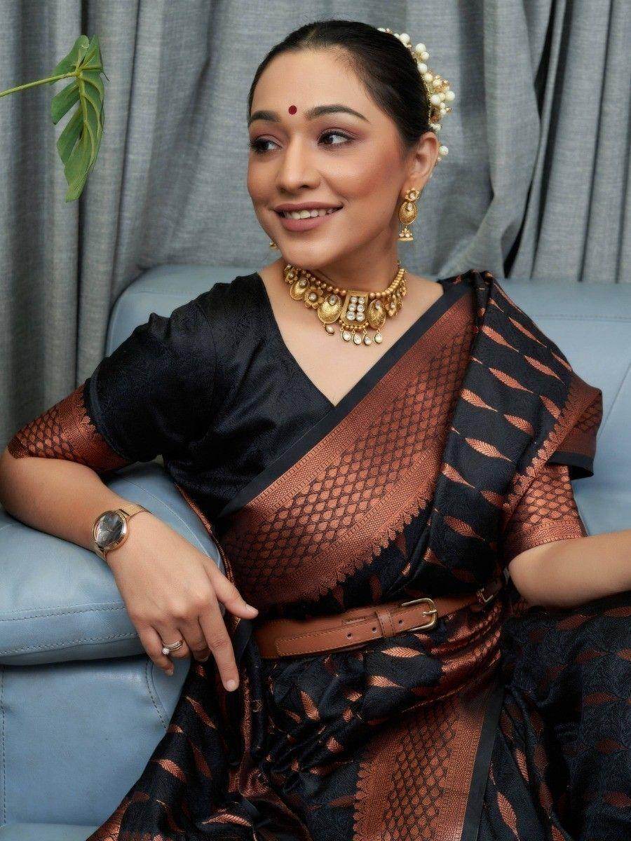 Adorable Black Woven Soft Silk Festival Wear Saree With Blouse - Zeel Clothing