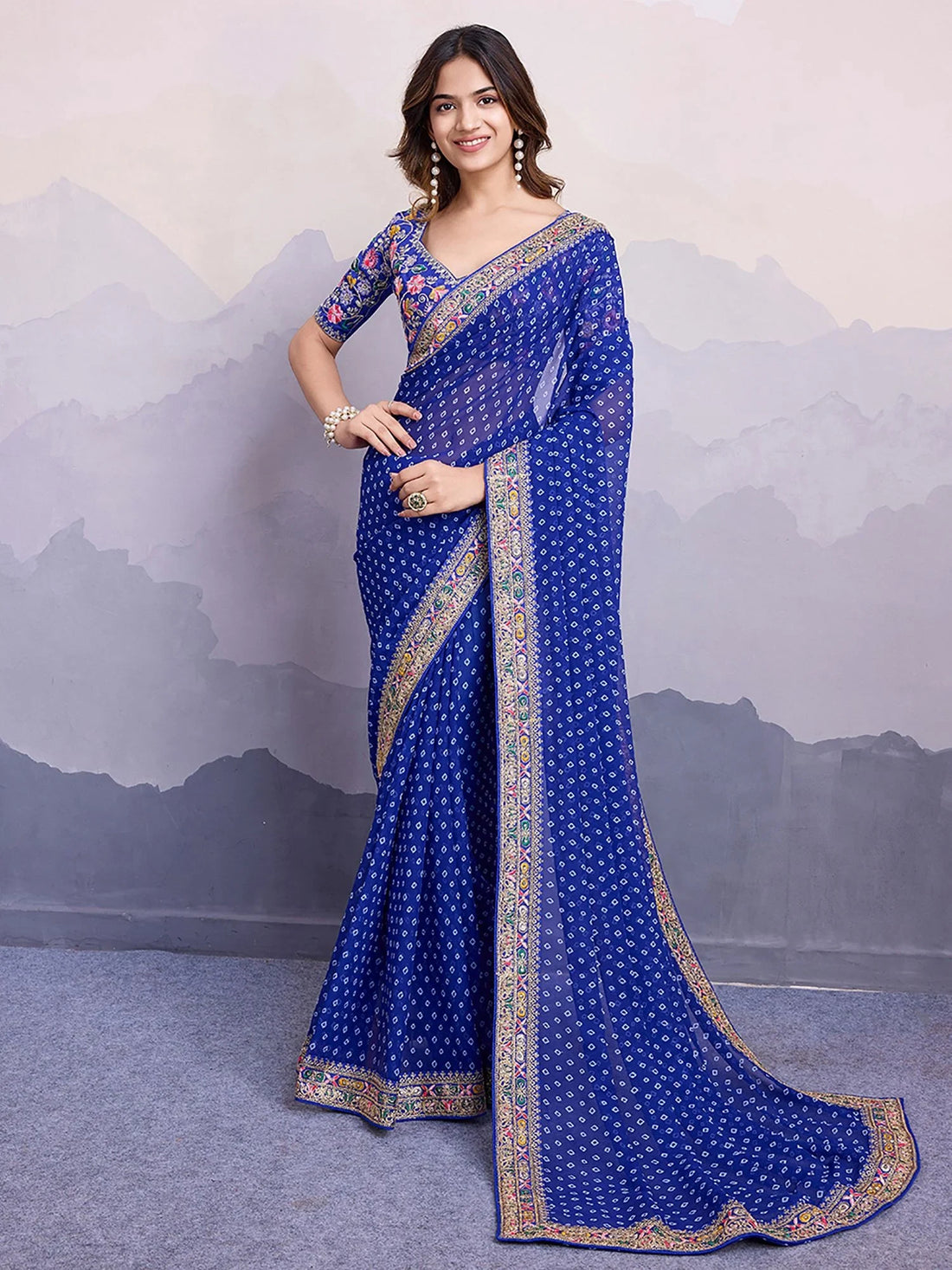 Adorable Blue Bandhani Printed Georgette Traditional Saree With Blouse - Zeel Clothing