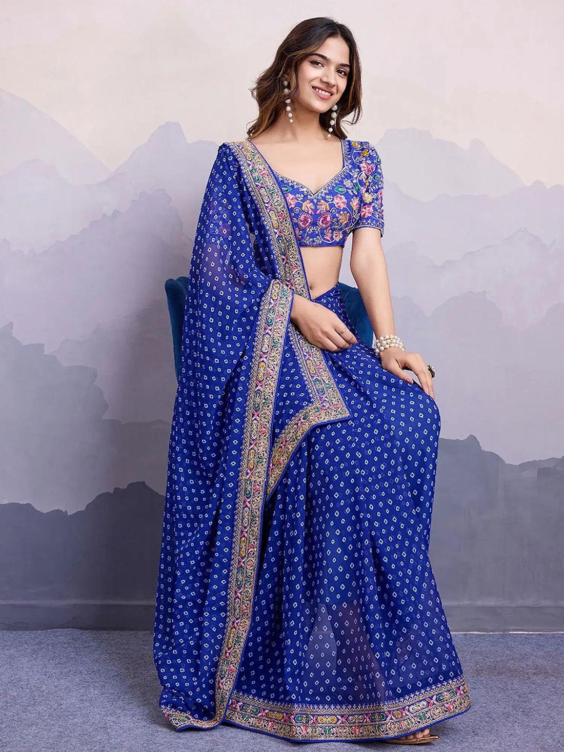 Adorable Blue Bandhani Printed Georgette Traditional Saree With Blouse - Zeel Clothing