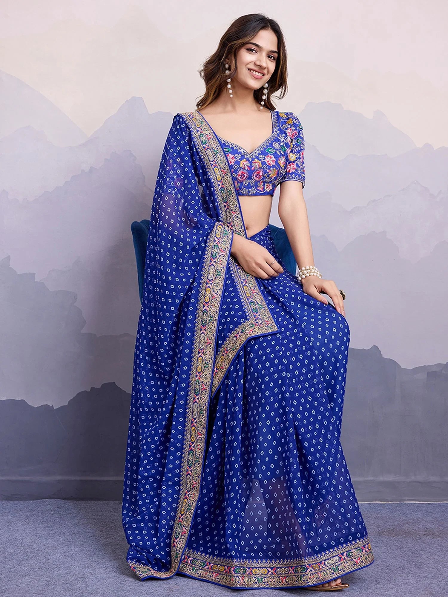 Adorable Blue Bandhani Printed Georgette Traditional Saree With Blouse - Zeel Clothing