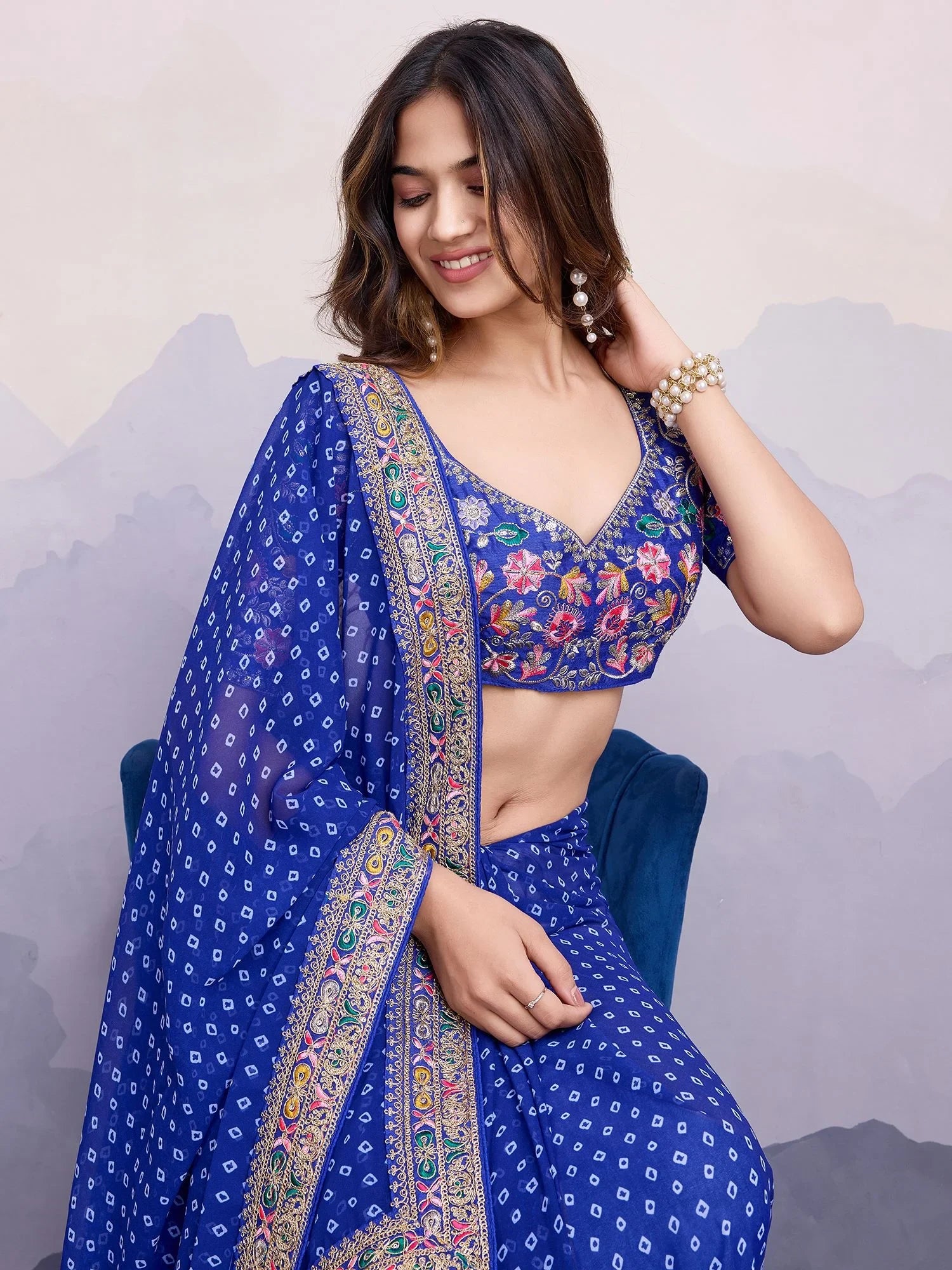 Adorable Blue Bandhani Printed Georgette Traditional Saree With Blouse - Zeel Clothing