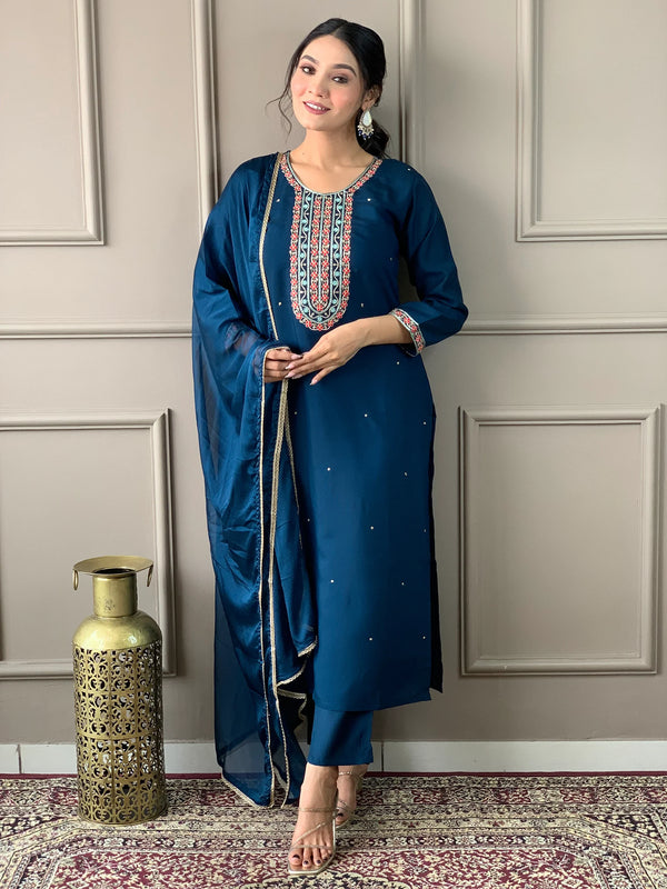Adorable Blue Embroidered Chanderi Silk Pant Suit With Dupatta - Zeel Clothing