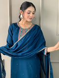 Adorable Blue Embroidered Chanderi Silk Pant Suit With Dupatta - Zeel Clothing