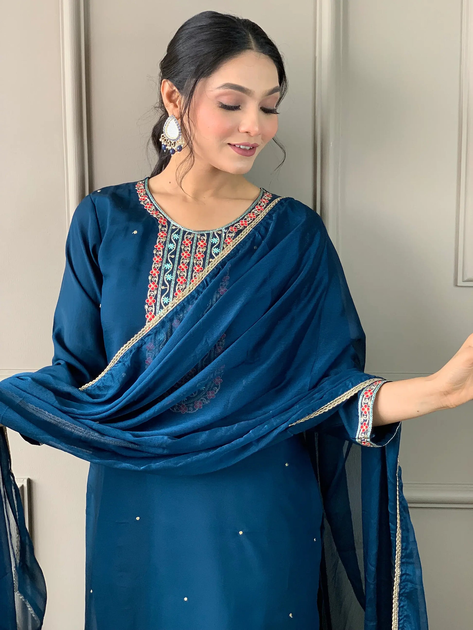 Adorable Blue Embroidered Chanderi Silk Pant Suit With Dupatta - Zeel Clothing
