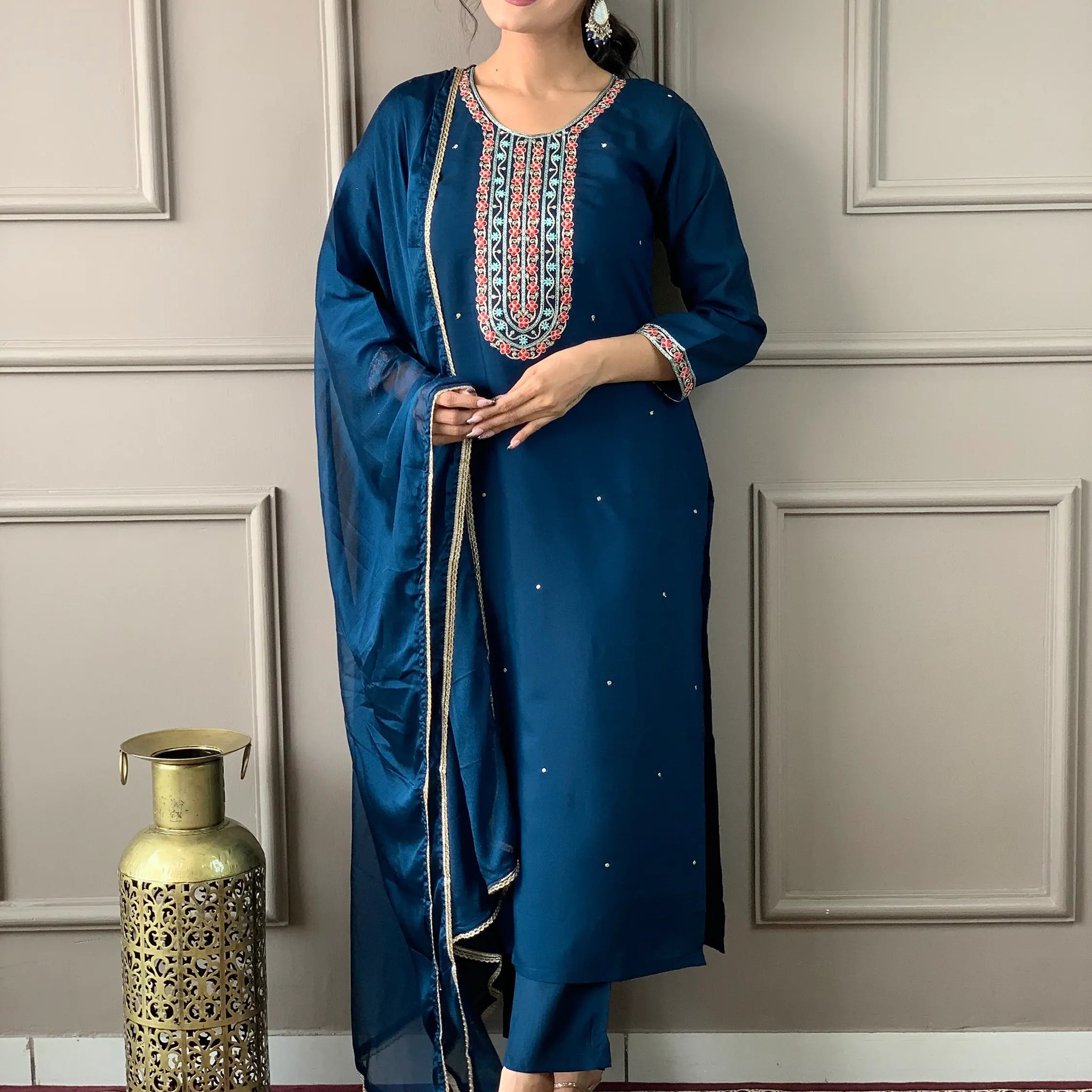 Adorable Blue Embroidered Chanderi Silk Pant Suit With Dupatta - Zeel Clothing