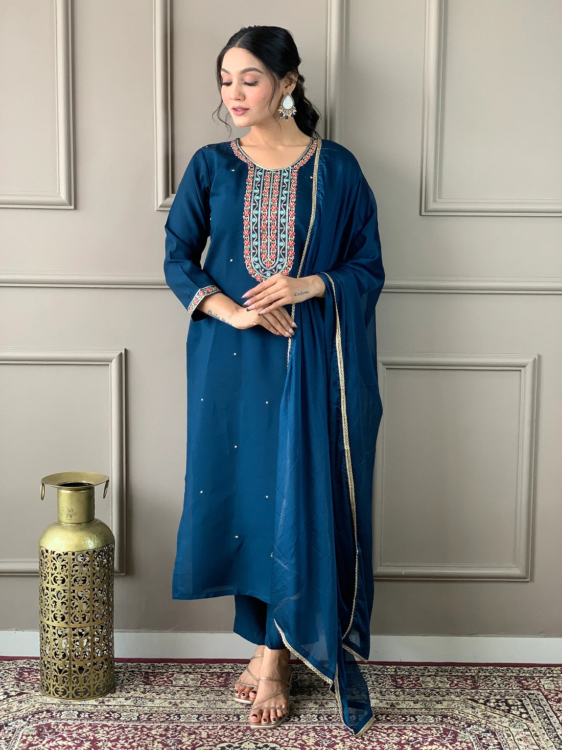 Adorable Blue Embroidered Chanderi Silk Pant Suit With Dupatta - Zeel Clothing