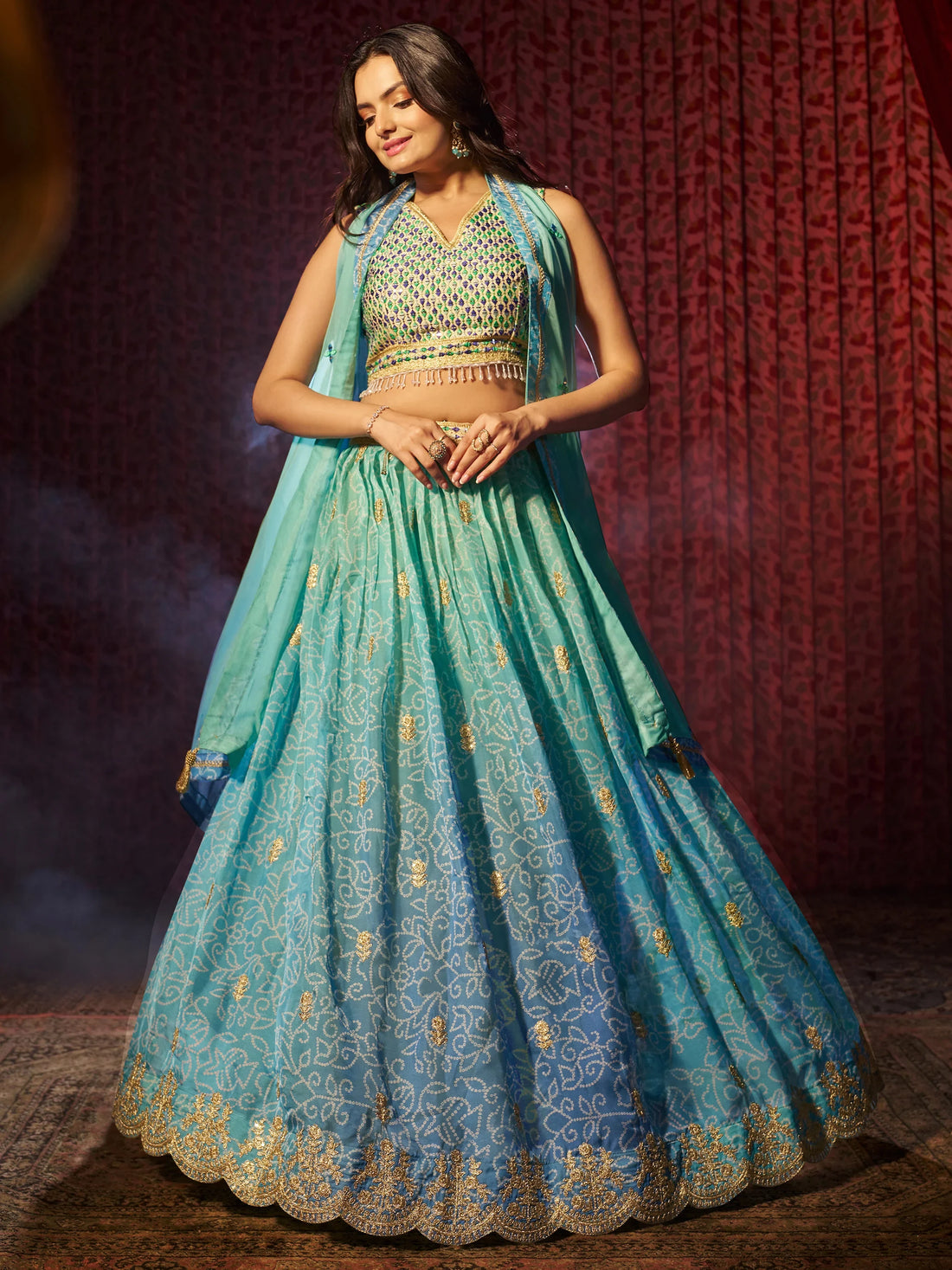 Adorable Blue Printed Organza Sangeet Wear Lehenga Choli With Dupatta - Zeel Clothing
