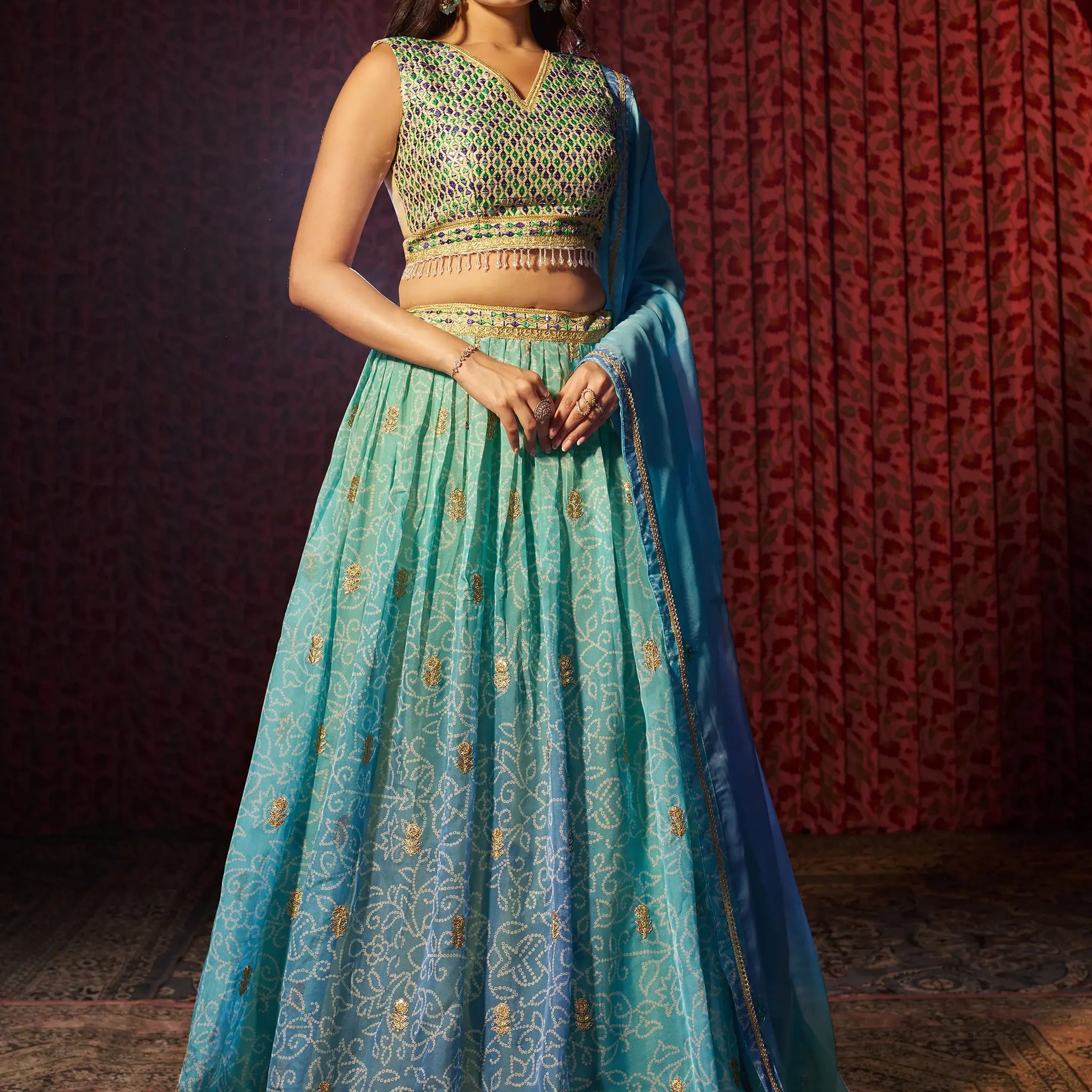 Adorable Blue Printed Organza Sangeet Wear Lehenga Choli With Dupatta - Zeel Clothing