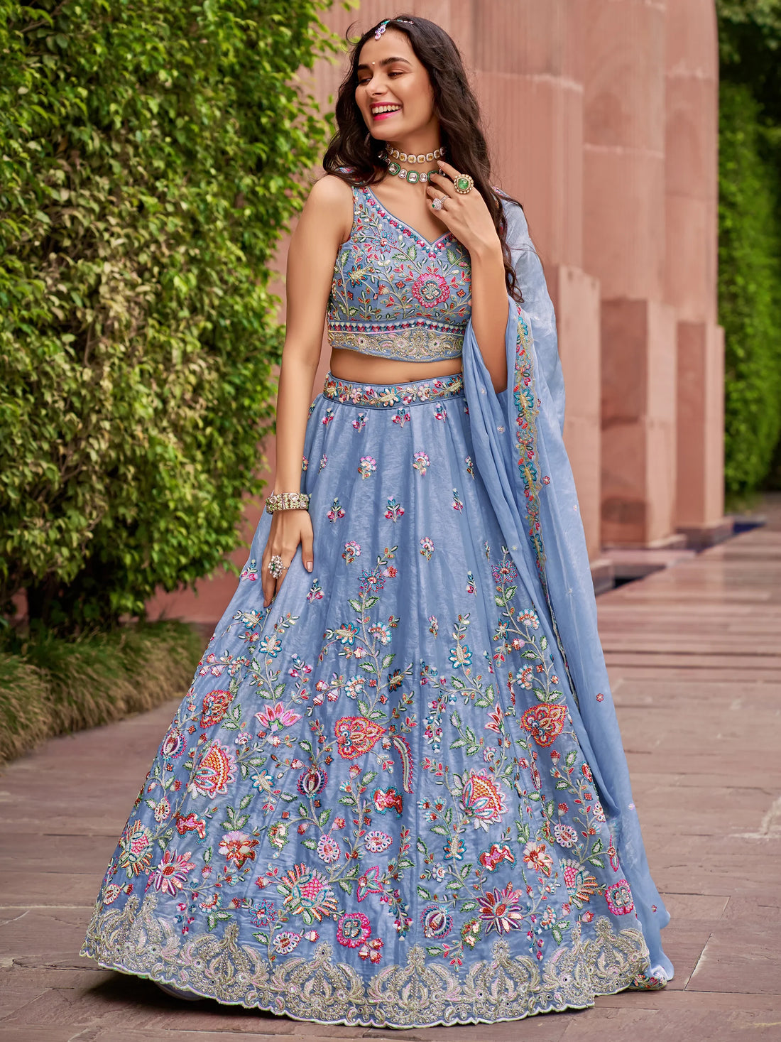 Adorable Blue Thread Work Organza Wedding Wear Lehenga Choli - Zeel Clothing