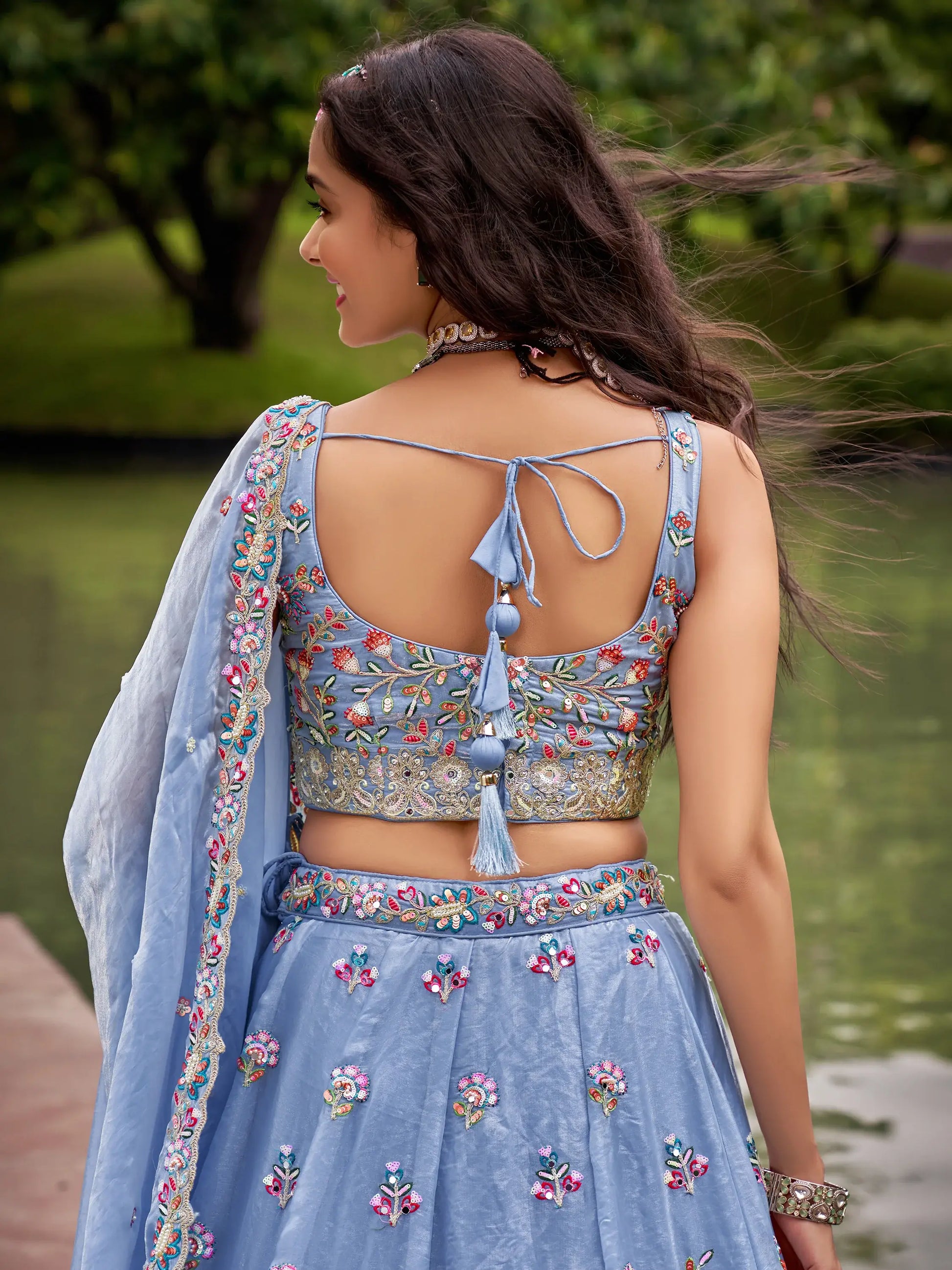 Adorable Blue Thread Work Organza Wedding Wear Lehenga Choli - Zeel Clothing