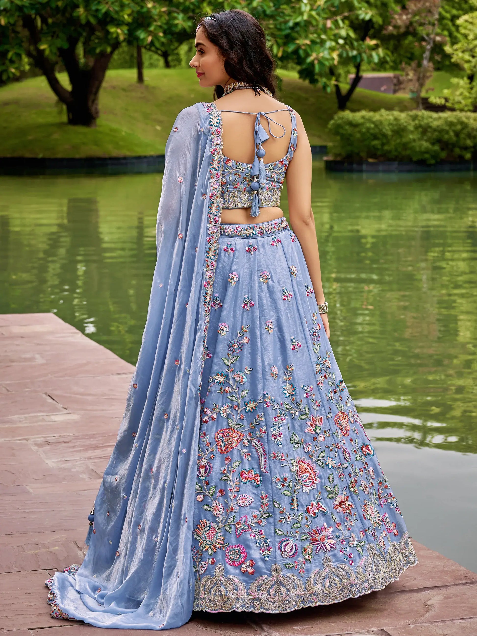 Adorable Blue Thread Work Organza Wedding Wear Lehenga Choli - Zeel Clothing
