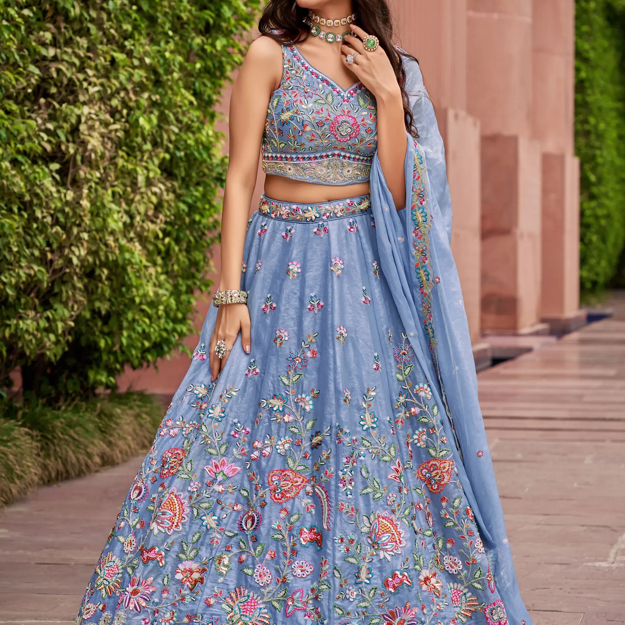 Adorable Blue Thread Work Organza Wedding Wear Lehenga Choli - Zeel Clothing