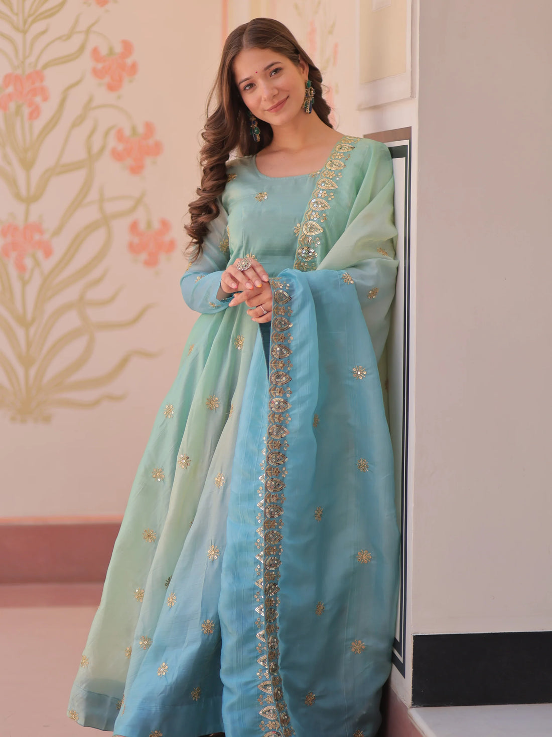 Adorable Blue Zari Embroidered Organza Gown With Dupatta - Zeel Clothing