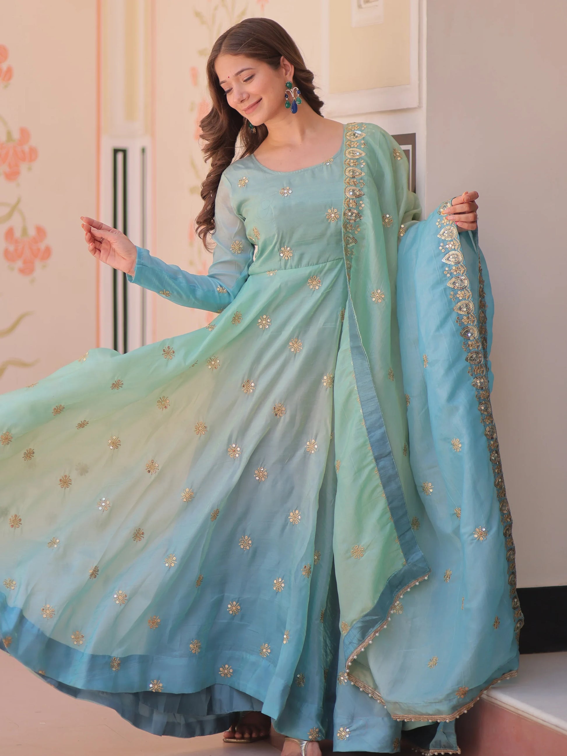 Adorable Blue Zari Embroidered Organza Gown With Dupatta - Zeel Clothing