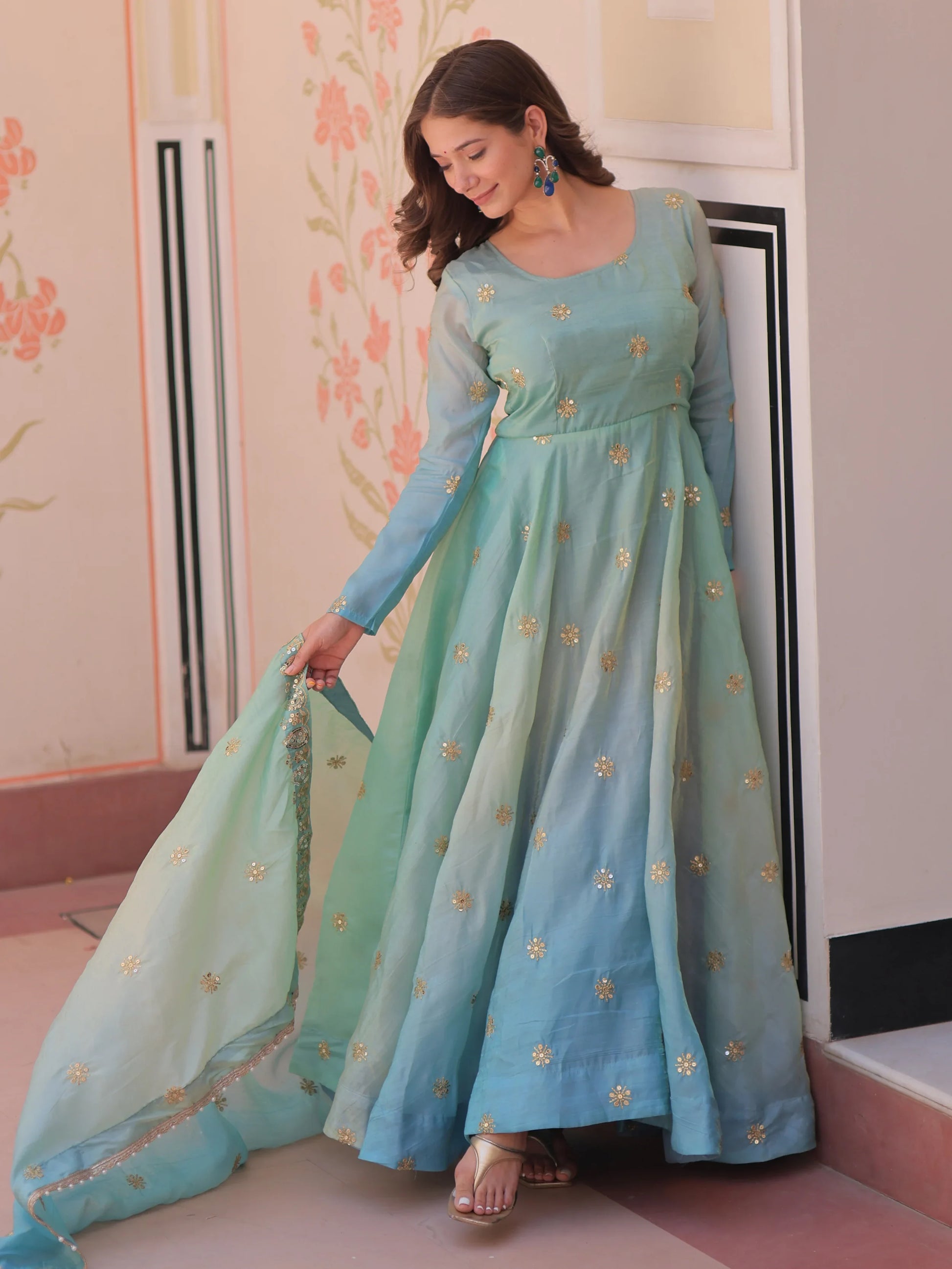 Adorable Blue Zari Embroidered Organza Gown With Dupatta - Zeel Clothing