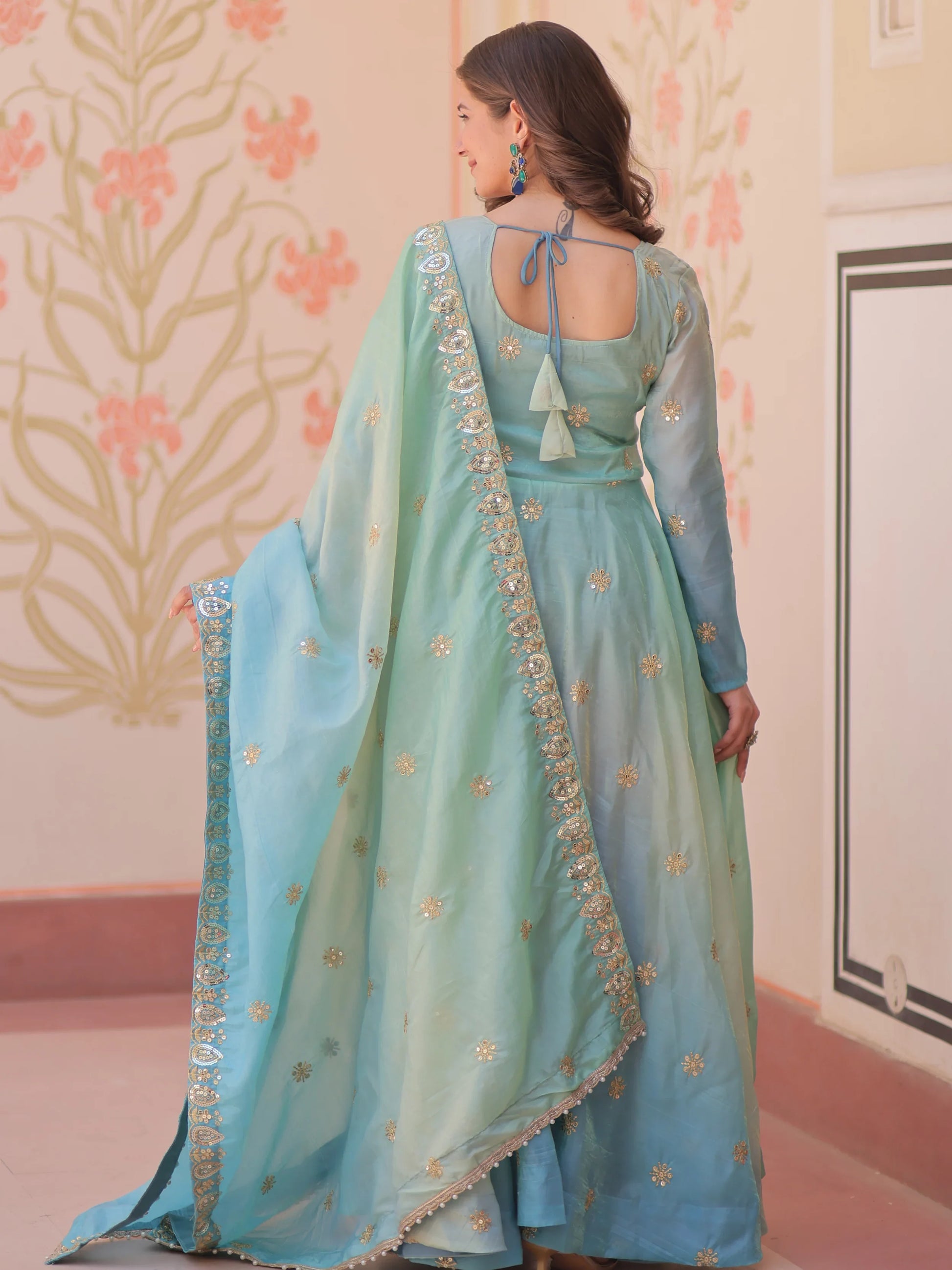 Adorable Blue Zari Embroidered Organza Gown With Dupatta - Zeel Clothing