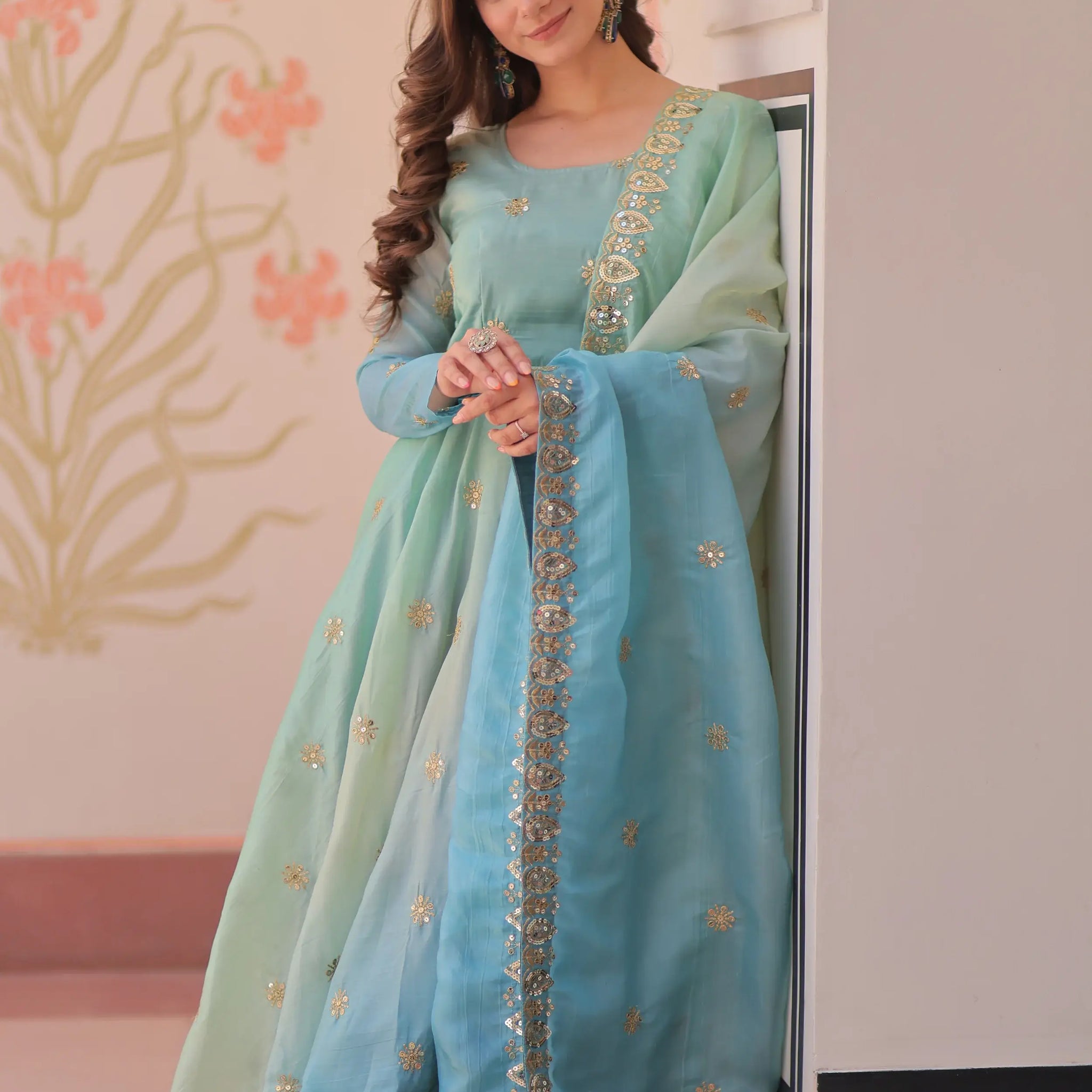 Adorable Blue Zari Embroidered Organza Gown With Dupatta - Zeel Clothing