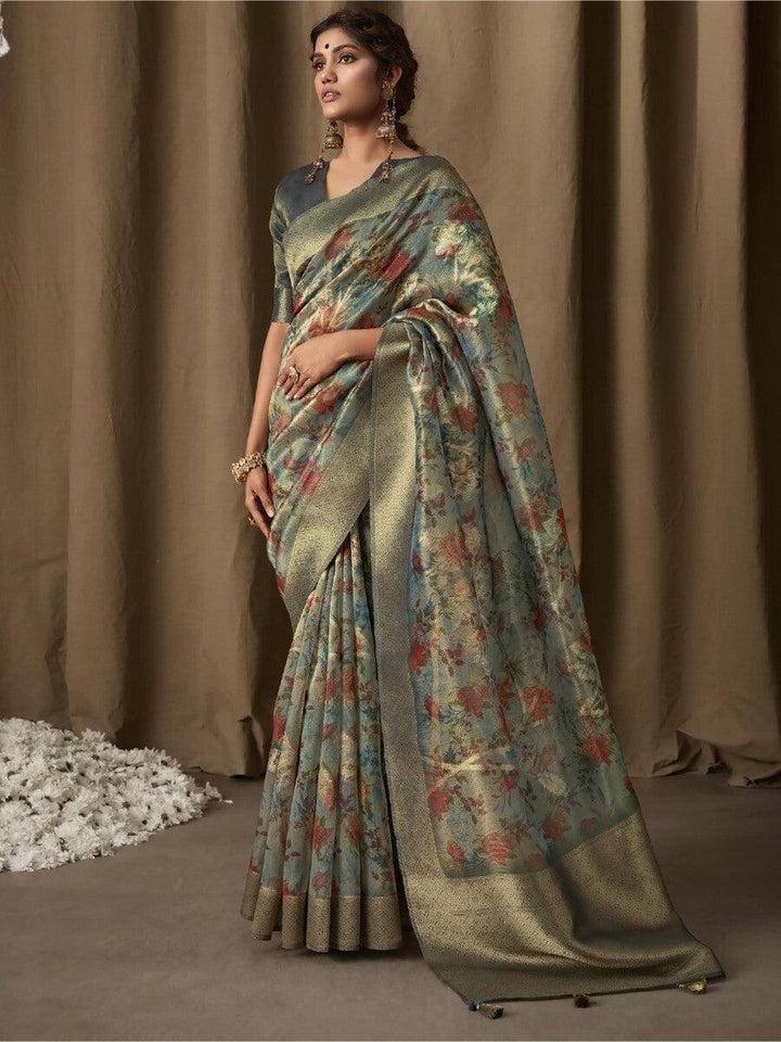 Adorable Blue Zari Weaving Jacquard Saree With Blouse