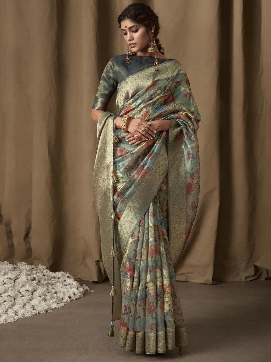 Adorable Blue Zari Weaving Jacquard Saree With Blouse