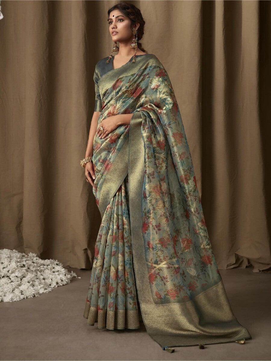 Adorable Blue Zari Weaving Jacquard Saree With Blouse - Zeel Clothing