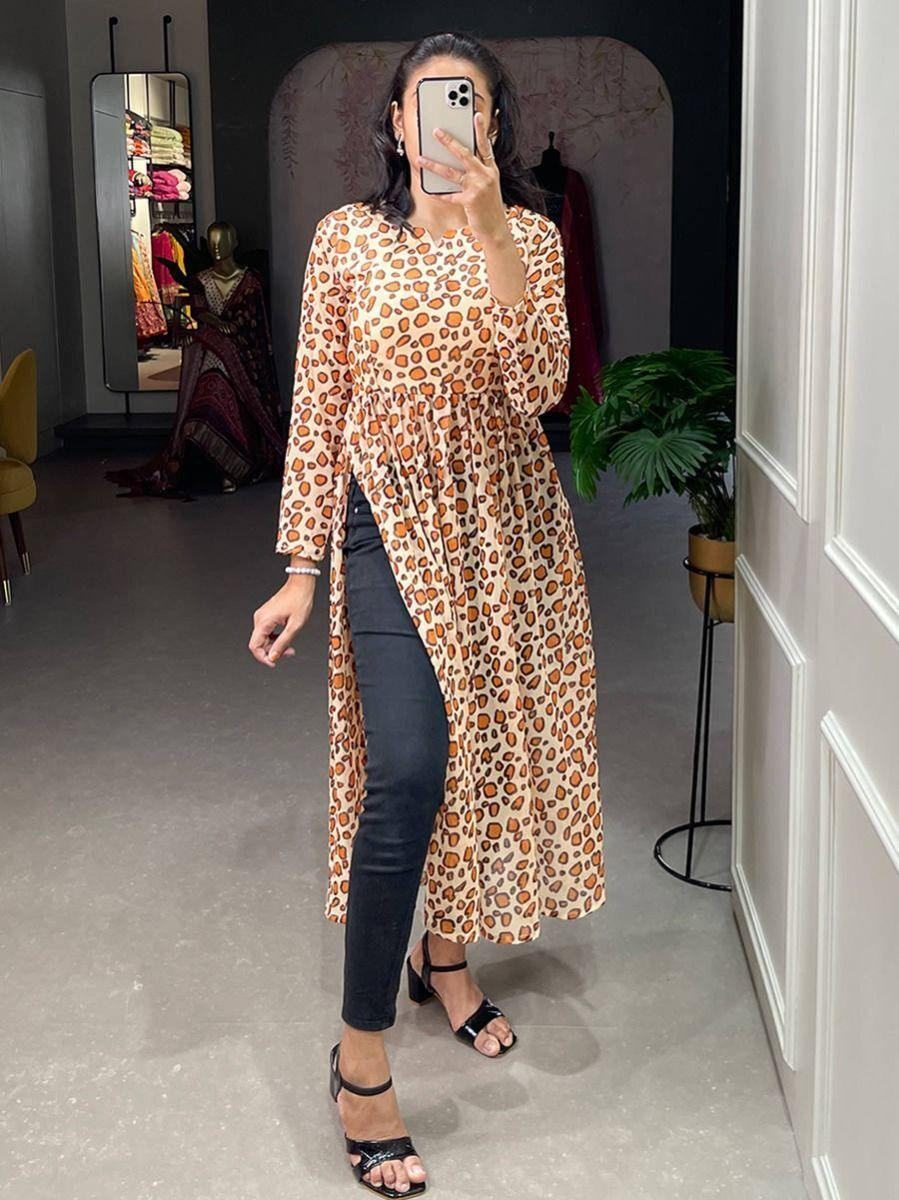 Adorable Brown Animal Printed Chiffon Nayra Cut Traditional Wear Kurti - Zeel Clothing