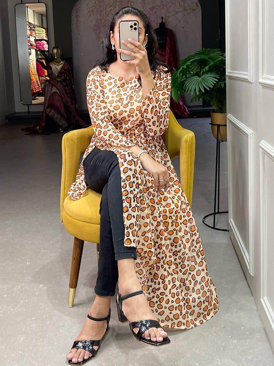 Adorable Brown Animal Printed Chiffon Nayra Cut Traditional Wear Kurti - Zeel Clothing