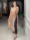 Adorable Brown Animal Printed Chiffon Nayra Cut Traditional Wear Kurti - Zeel Clothing