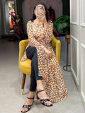 Adorable Brown Animal Printed Chiffon Nayra Cut Traditional Wear Kurti - Zeel Clothing