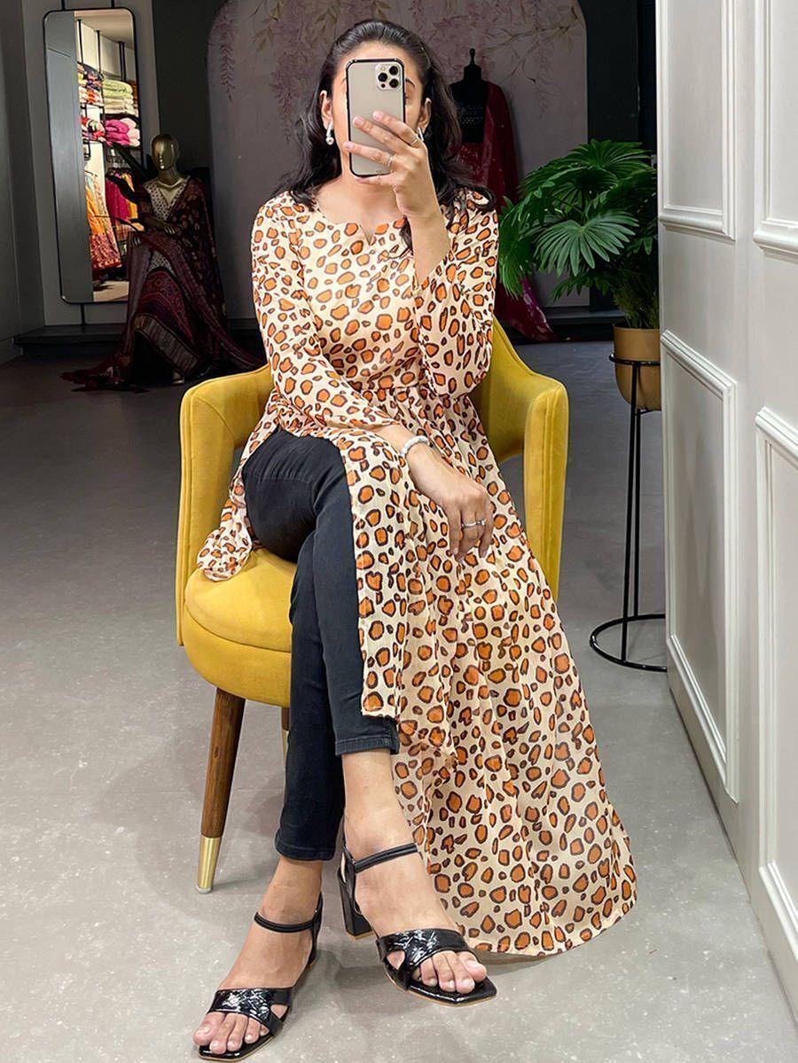 Adorable Brown Animal Printed Chiffon Nayra Cut Traditional Wear Kurti - Zeel Clothing