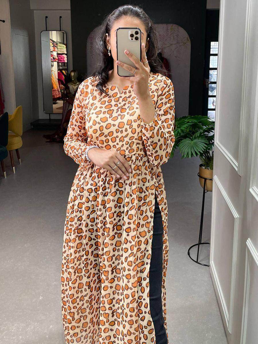 Adorable Brown Animal Printed Chiffon Nayra Cut Traditional Wear Kurti - Zeel Clothing