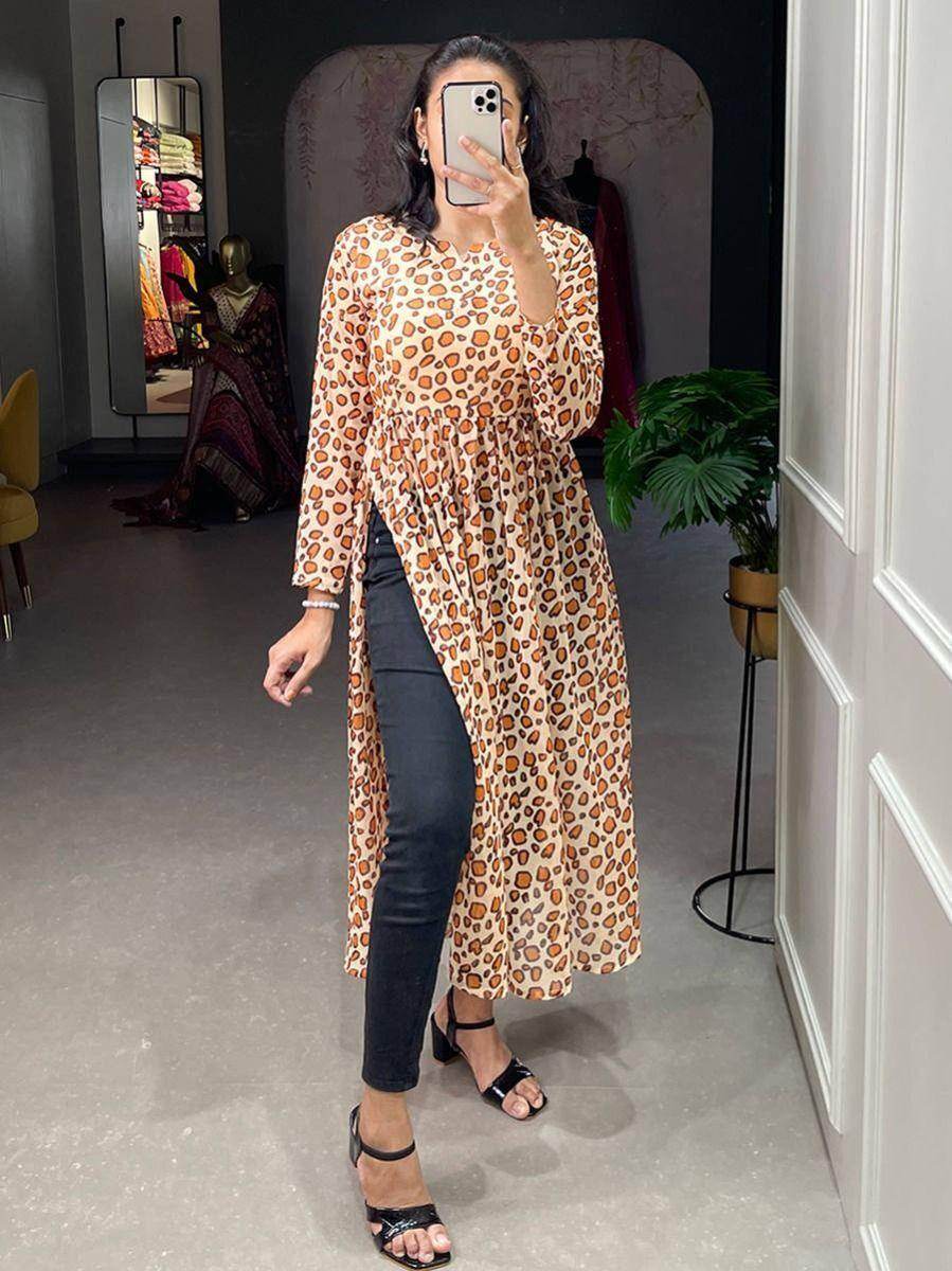 Adorable Brown Animal Printed Chiffon Nayra Cut Traditional Wear Kurti - Zeel Clothing