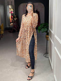 Adorable Brown Animal Printed Chiffon Nayra Cut Traditional Wear Kurti - Zeel Clothing