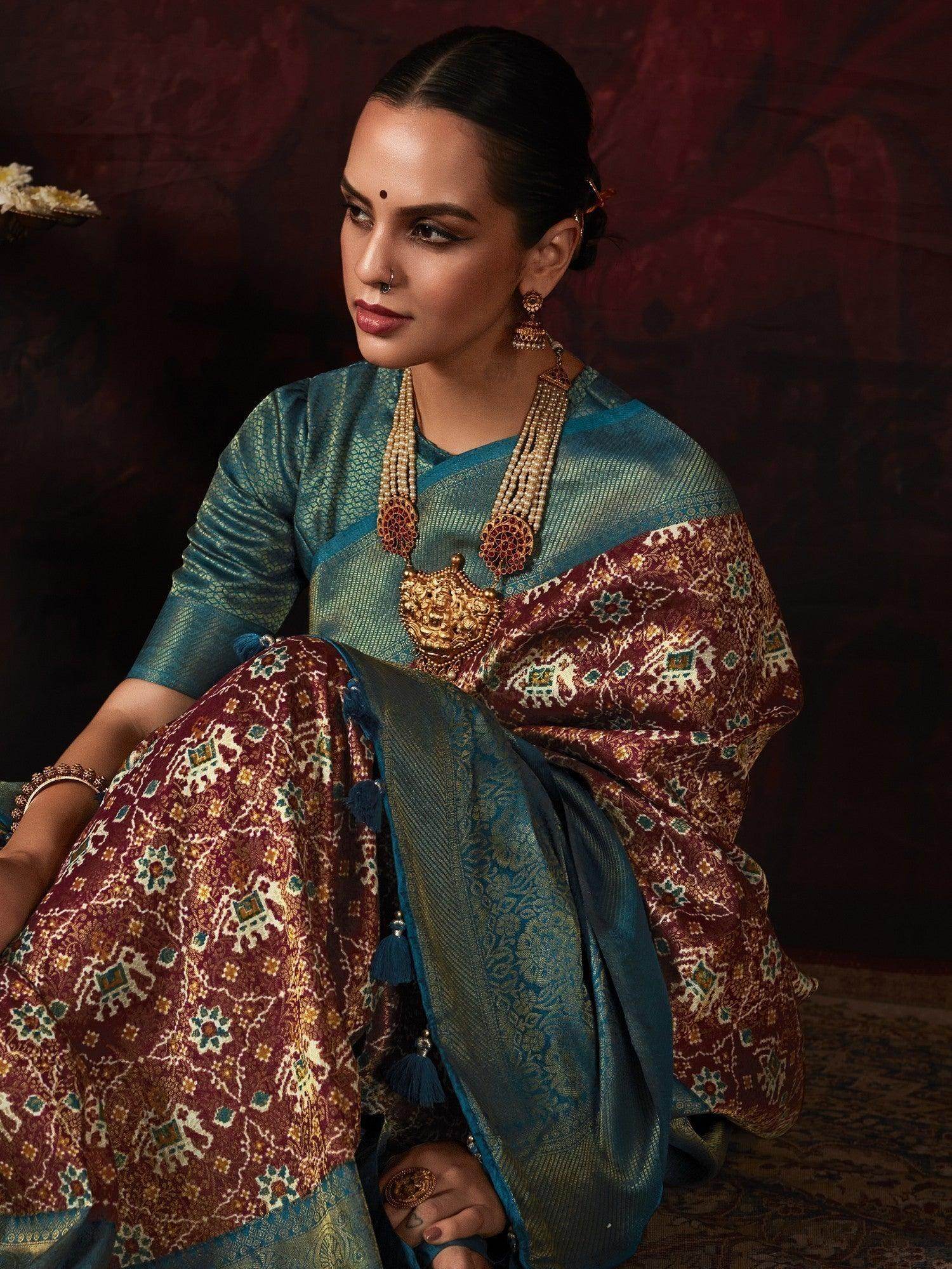 Adorable Brown Patola Printed Silk Traditional Saree With Blouse - Zeel Clothing