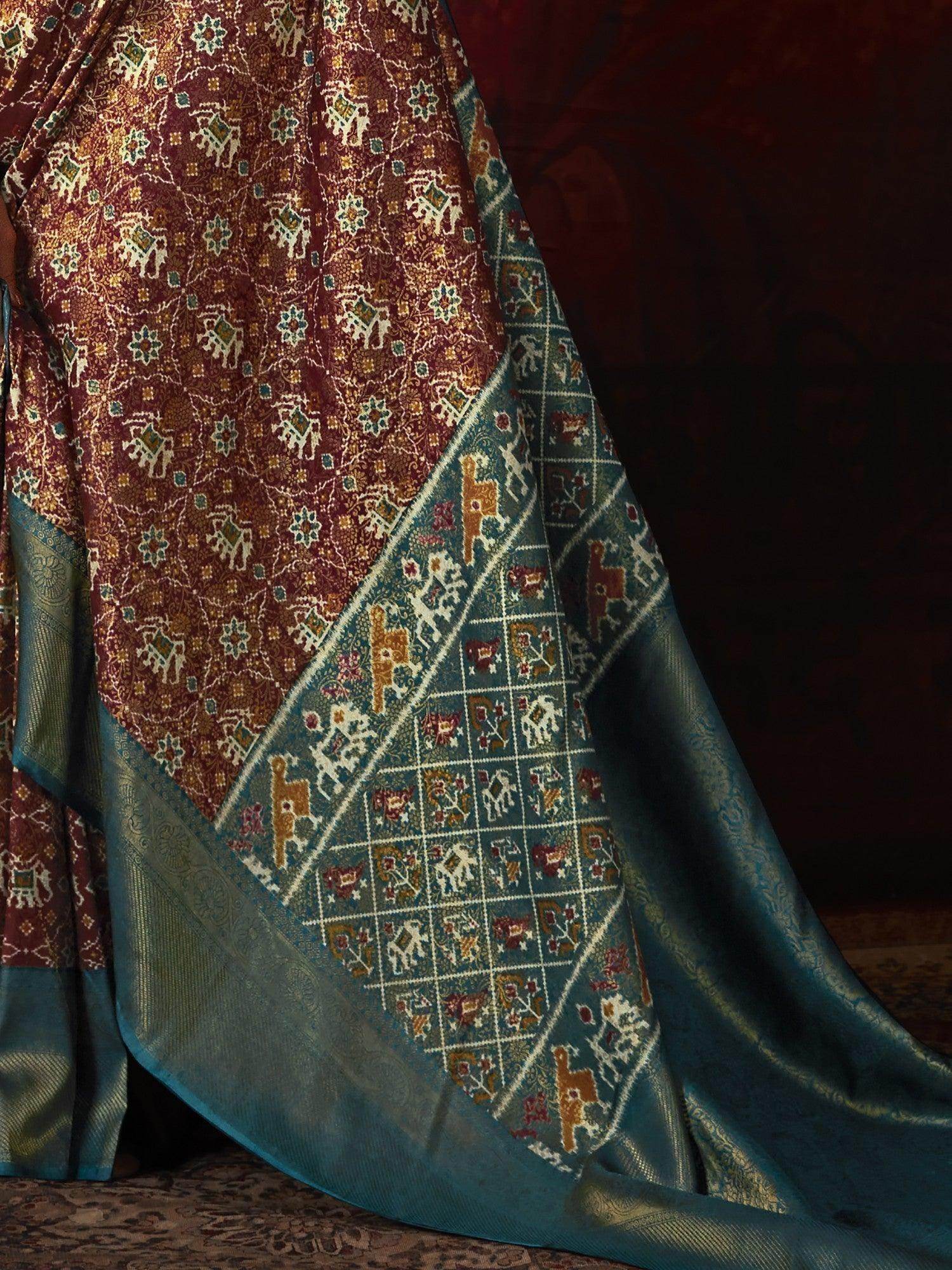 Adorable Brown Patola Printed Silk Traditional Saree With Blouse - Zeel Clothing