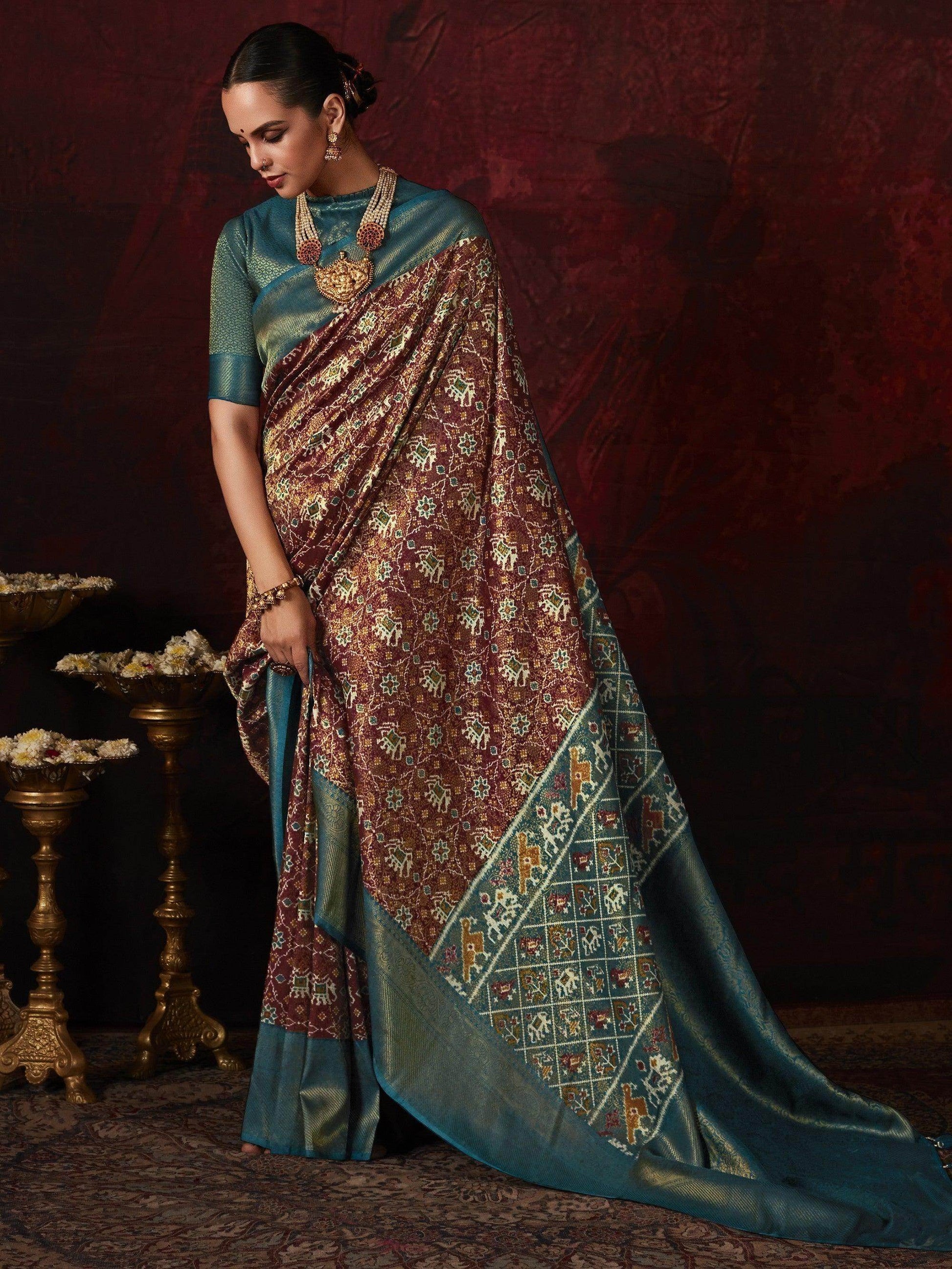 Adorable Brown Patola Printed Silk Traditional Saree With Blouse - Zeel Clothing