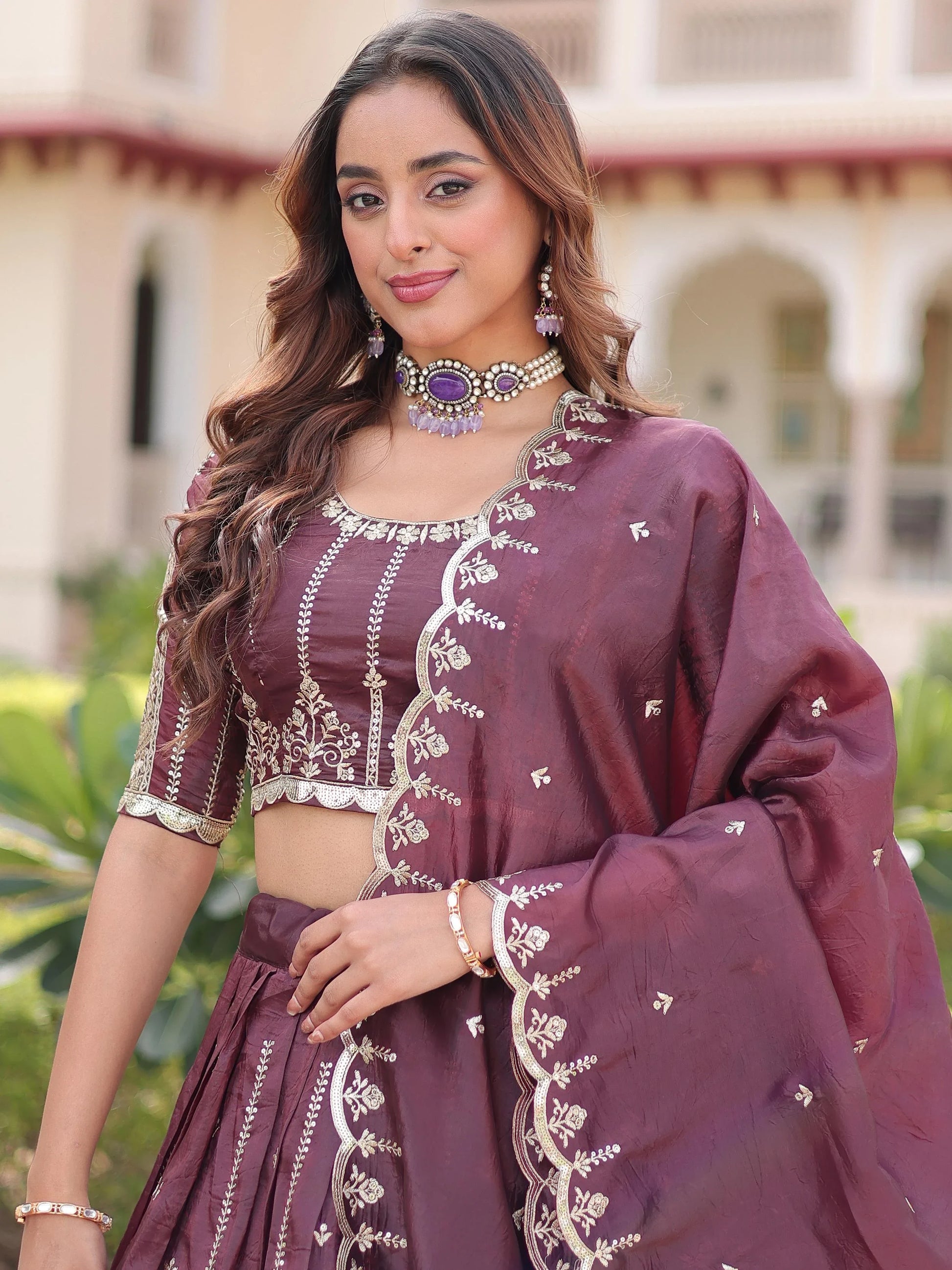 Adorable Brown Sequins Embroidered Crushed Wedding Wear Lehenga With Blouse