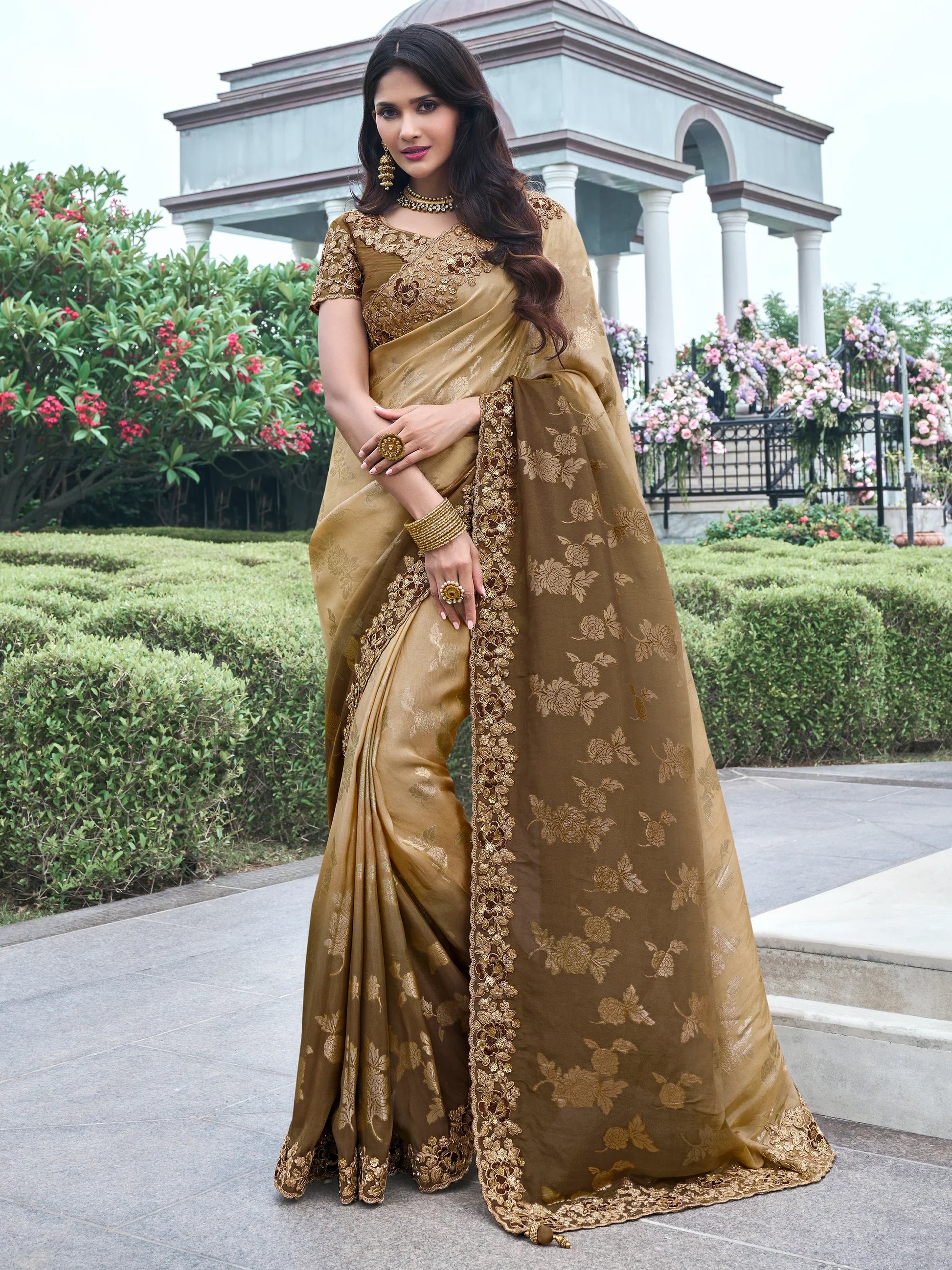 Adorable Brown Zari Woven Organza Silk Wedding Saree With Blouse - Zeel Clothing