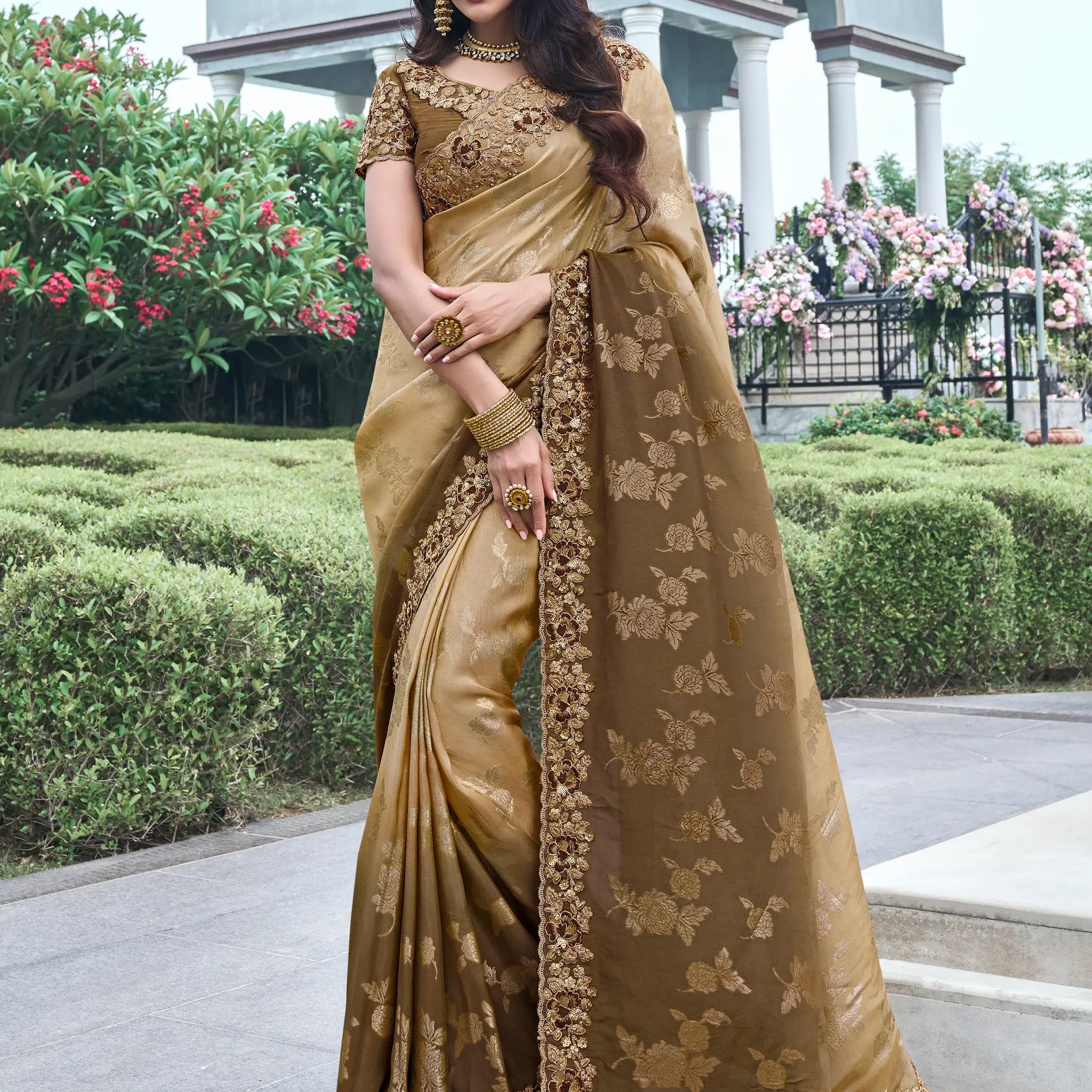 Adorable Brown Zari Woven Organza Silk Wedding Saree With Blouse - Zeel Clothing